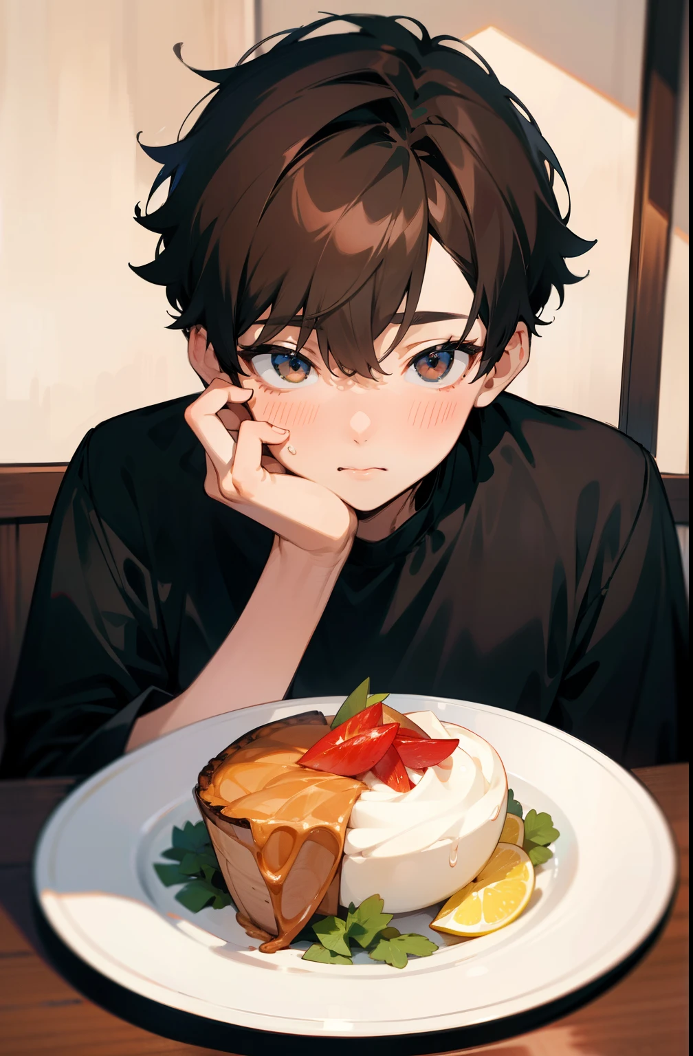 masuter piece，An ultra-high picture quality，Cute One Boy, smooth brown short hair，eat at home table, No person, Beautiful and accurately depicted body and face, Accurate depiction of a meal scene