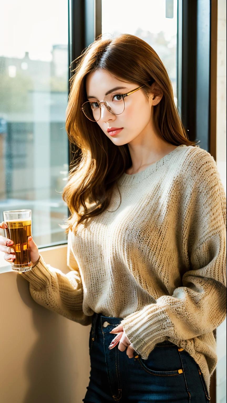 (realistic, high resolution:1.3), 1 girl with perfect figure, super fine face and eyes, long hair, long jeans, in some shop, big breasts, Standing by a window with sunlight streaming in, looking contemplative, thoughtful and serene, a cozy oversized knit sweater paired with high-waisted trousers, neutral tones like beige or soft gray, messy low bun or loose waves, wearing glasses or holding a cup of herbal tea, cozy library or reading nook.