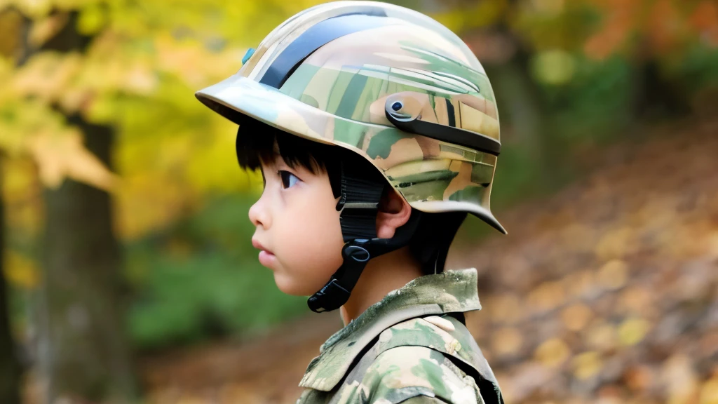 miltary、base、Camouflage pattern military uniform、Japan Army、cute little、boy、japanes、upper body shot、Camouflage helmet、Oversized helmet、Camouflage pattern、Camouflage、blunt bangs、Autumn Mountains、Colored leaves、Yamanaka、、Rear view