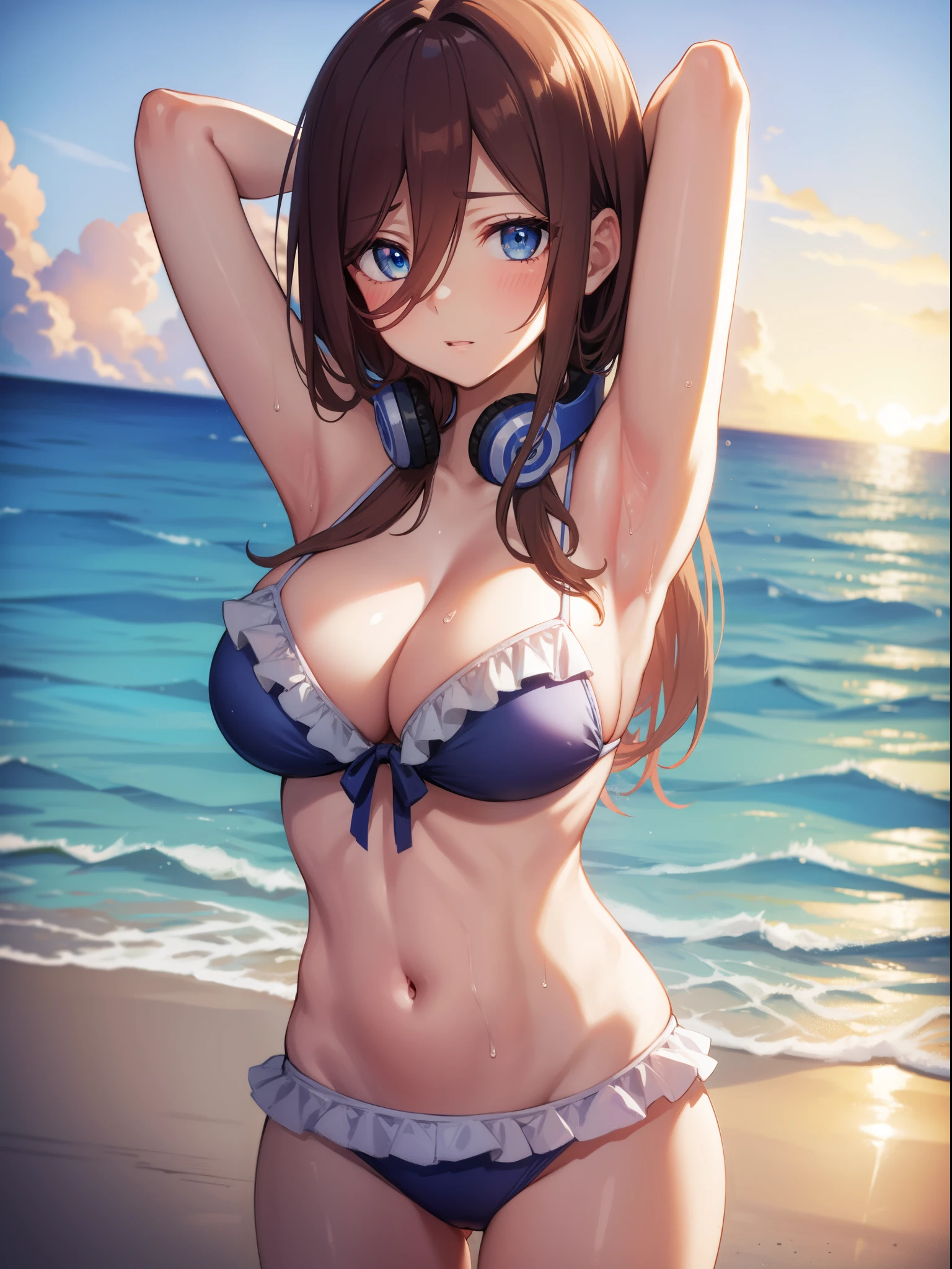 1girl, miku nakano, long hair, bangs, blue eyes, brown hair, hair between eyes, headphones, headphones around neck, (blush:1.1),
BREAK (frilled bikini:1.5), huge breasts, Naked, Exposed skin, (Wet skin:1.3), (arms behind head, armpits), standing,
BREAK (sea:1.2), (beach:1.1), (solar:1.2), morning,
BREAK looking at viewer, 
BREAK (masterpiece:1.2), best quality, high resolution, unity 8k wallpaper, (illustration:0.8), (beautiful detailed eyes:1.6), extremely detailed face, perfect lighting, extremely detailed CG, (perfect hands, perfect anatomy),