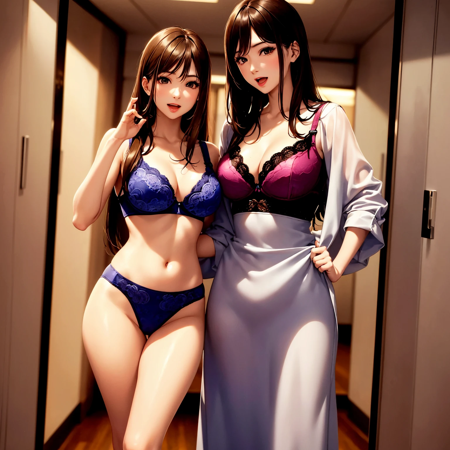 (top quality picture、masterpiece level、very high res、An ultra-high picture quality、High quality pixels)、(1girl in,She is a very beautiful woman、and she is 20 years old、1 person、Single、Beautiful beauties,Beautiful face written in detail,Beautiful body,Strong-willed eyes,Beautiful eyes,Beautiful hair,Beautiful skin texture)、(Beautiful hair quality,Variety of hairstyles)、(Slender body and beautiful breasts)、(Lovely smile,Open mouth)、(Wearing colorful bras,Wearing a patterned bra,adult-like),(Locker Room,modelshoot,Magazine shooting),Beautiful Art Style,an animated character、(The whole picture、Detailed picture、accurate anatomy、Defect-free images、extremely detailed picture、Accurate images、image perfect)、(Best Shot Photo 1.2)