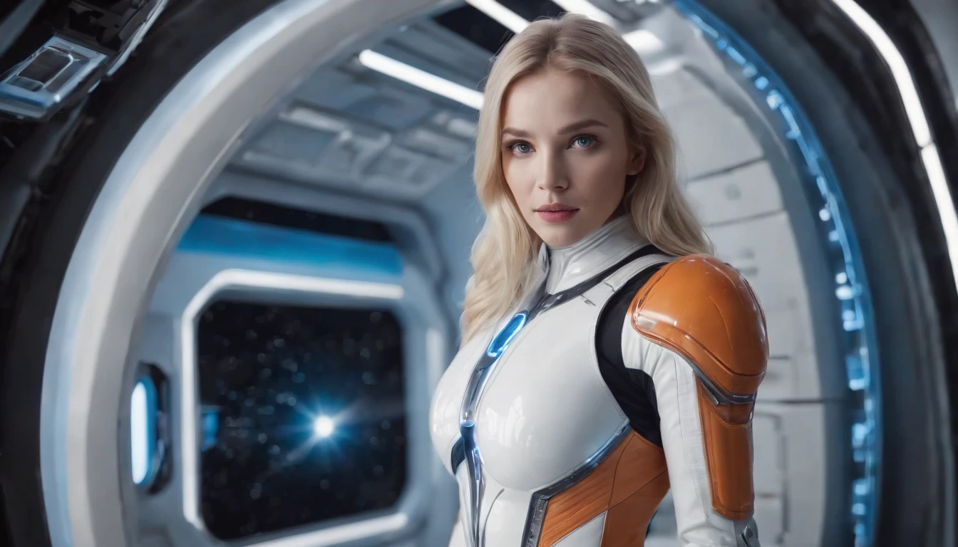masterpiece, best quality), beautiful female space pilot with blue eyes and blond flying hair is wearing a futuristic space suit in latex, metallic, white, shiny, glowing light stripes in space suit inspired by TRON and Alien, space suit top, but wearing only boxer shorts, bare legs, preparing to go to bed, HD, the girl is floating around in zero gravity in a cabin of a futuristic spaceship, no gravity, weightless, flying around, through a window in the spaceship we can see the glowing sun from a close distance, subdued light in the spaceship, lots of displayers and instruments are the main source for the light in the scene, displayers in orange and blue light, a glowing orange light from the sun outside the space ship is dominating the scene, cinematic lighting in the hair, hair light, wind in the hair,