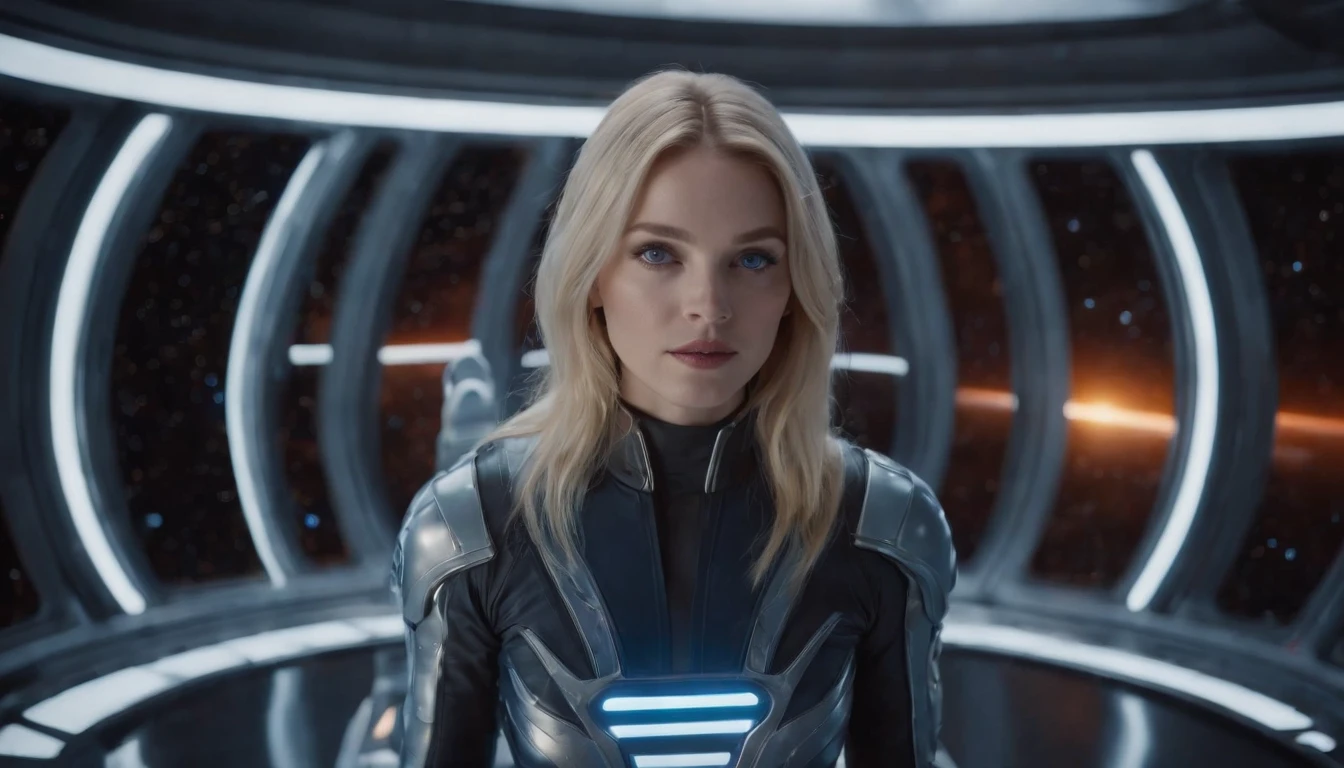 masterpiece, best quality), beautiful female space pilot with blue eyes and blond flying hair is wearing a futuristic space suit in latex, metallic, white, shiny, glowing light stripes in space suit inspired by TRON and Alien, space suit top, but wearing only boxer shorts, bare legs, preparing to go to bed, HD, the girl is floating around in zero gravity in a cabin of a futuristic spaceship, no gravity, weightless, flying around, through a window in the spaceship we can see the glowing sun from a close distance, subdued light in the spaceship, lots of displayers and instruments are the main source for the light in the scene, displayers in orange and blue light, a glowing orange light from the sun outside the space ship is dominating the scene, cinematic lighting in the hair, hair light, wind in the hair,