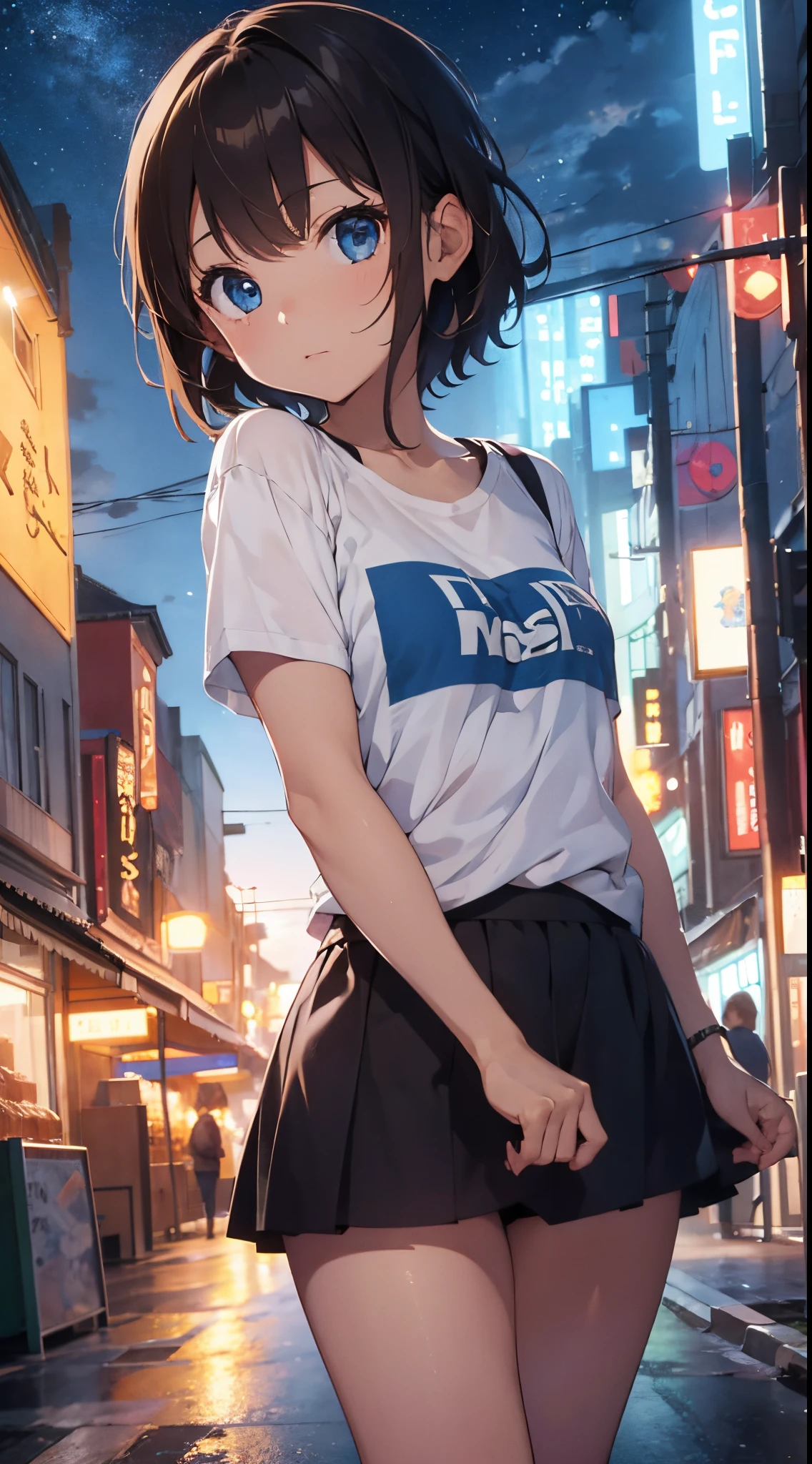 girl, short half hair, brown hair, blue eyes, t-shirt, mini skirt, night city, cute girl