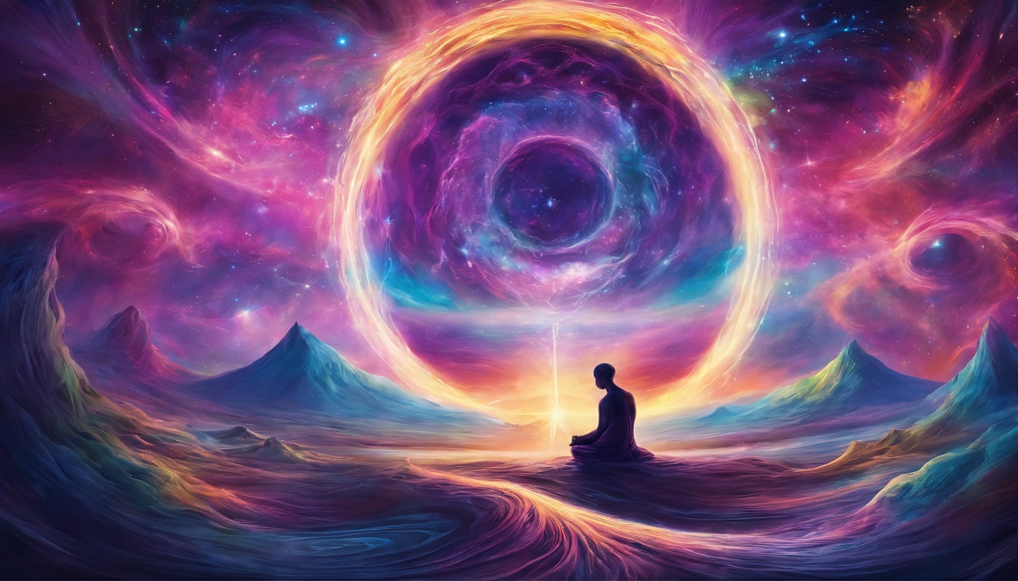 In the center of the image, The human figure is surrounded by a powerful aura of light, It is emitted outward in all directions, It symbolizes the relationship with the gods. The aura is made up of a variety of colors, Purple clouds, Shades of blue, green, And pink, It produces dynamic and energetic energy.. There is a very bright glowing spot in the middle of the forehead. The human figure appears to be in a meditative or meditative state, Keep your eyes closed, And the face is peaceful and serene. They seem to be completely one with the universe, It is connected to the surrounding stars and planets.. The images evoke a sense of awe and wonder, It makes the viewer think about the beauty and mystery of the universe.. It reminds us of the infinite possibilities that exist beyond our comprehension, And it encourages us to explore our spiritual connection to the universe and God.