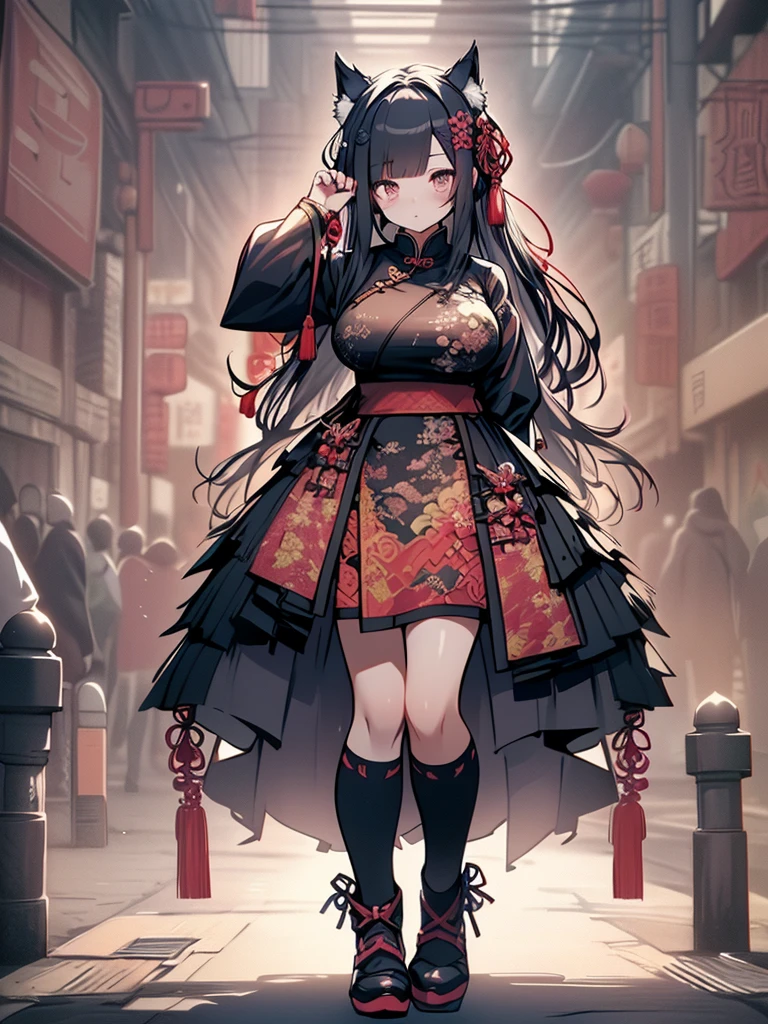 ((masutepiece))，(((Highest Quality)))，(Please pay attention to the attractive body)，The upper part of the body，1人の女性，A dark-haired，One side of the hair is braided，(The long-haired:1.5)，Wolf ears，(chinese clothes:1.4)，(very plump breasts:1.3)，(masutepiece:1.2)，(Best Quality:1.3)，(Kick Pose:1.4)，