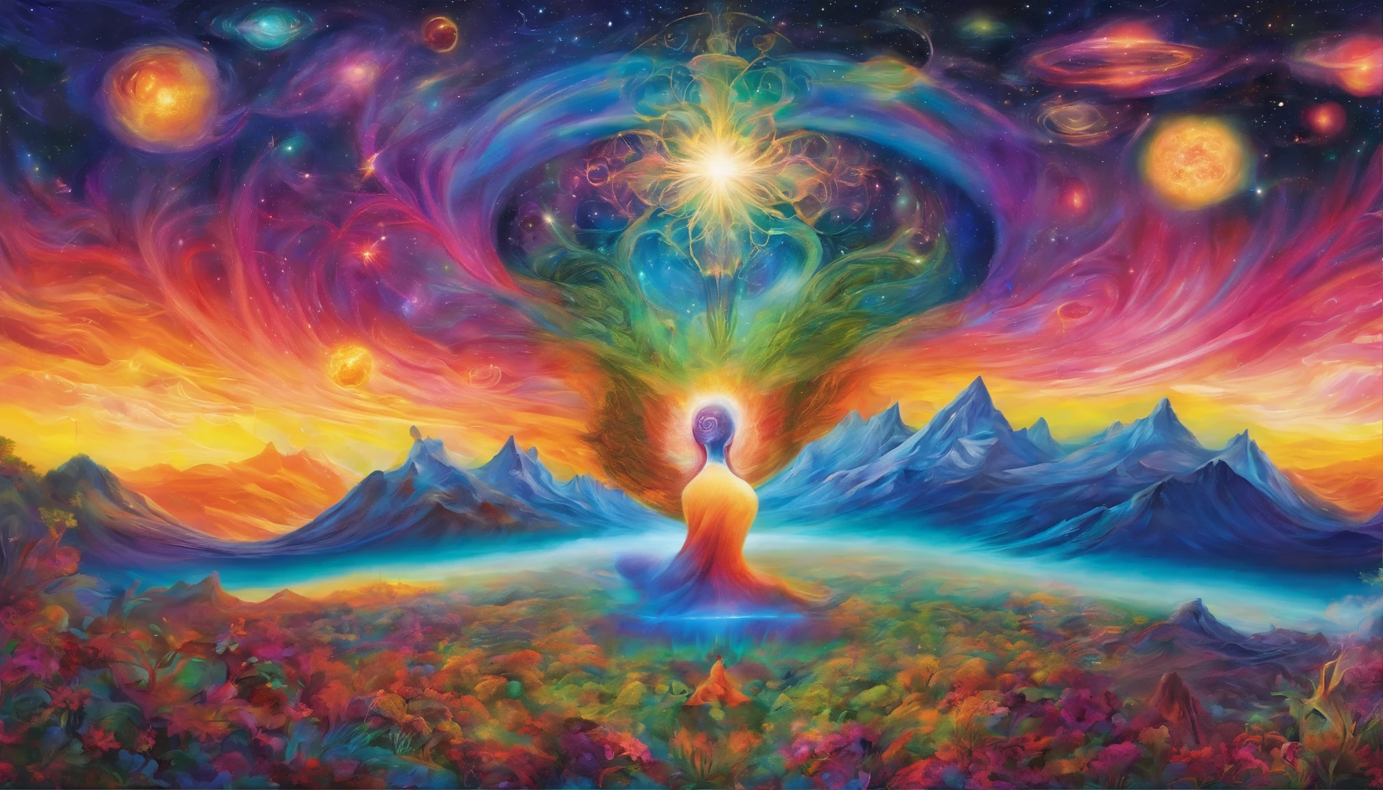 In the center of the image, The human figure is surrounded by a powerful aura of light, It is emitted outward in all directions, It symbolizes the relationship with the gods. The aura is made up of a variety of colors, Purple clouds, Shades of blue, green, And pink, It produces dynamic and energetic energy.. There is a very bright glowing spot in the middle of the forehead. The human figure appears to be in a meditative or meditative state, Keep your eyes closed, And the face is peaceful and serene. They seem to be completely one with the universe, It is connected to the surrounding stars and planets.. The images evoke a sense of awe and wonder, It makes the viewer think about the beauty and mystery of the universe.. It reminds us of the infinite possibilities that exist beyond our comprehension, And it encourages us to explore our spiritual connection to the universe and God.