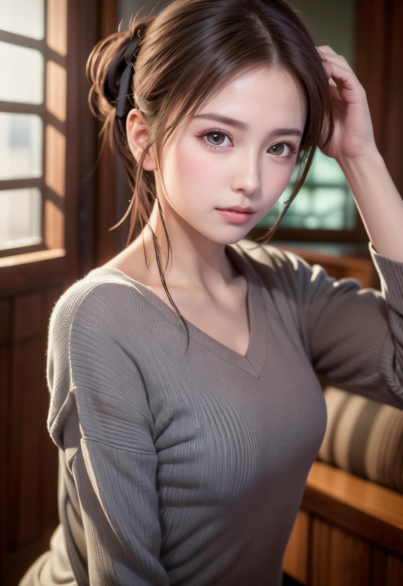 8K, of the highest quality, masutepiece:1.2), (Realistic, Photorealsitic:1.37), of the highest quality, masutepiece, Beautiful young woman, Pensive expression, Gentle eyes, Cute loungewear、full of shyness、Hair tied back, Messy mood, Cinematic background, Light skin tone
