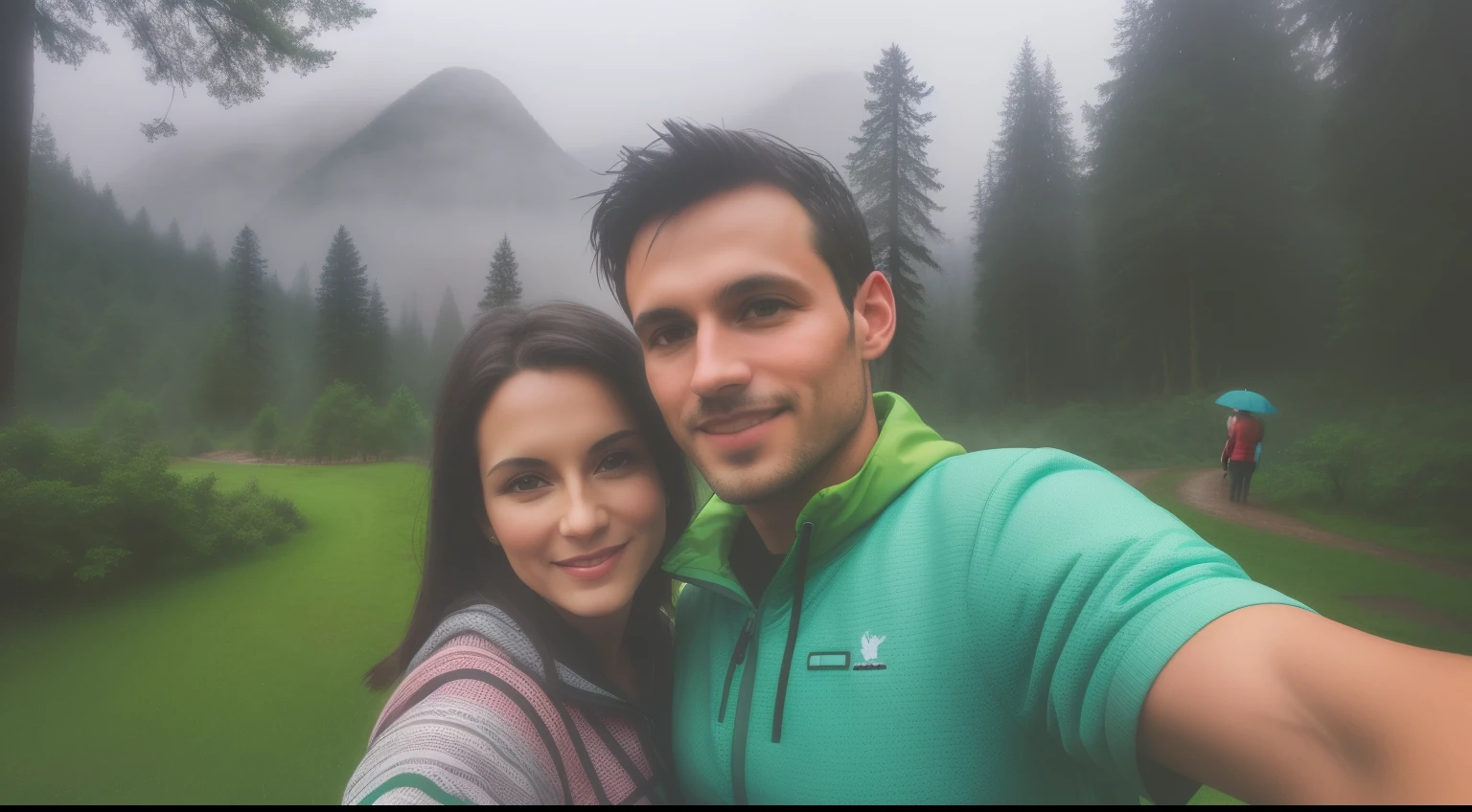 they are taking a selfie together in the rain in the park, in front of a forest background, trees in the background, fog in the background, with mountains in the background, by Nándor Katona, in front of an amazing forest, vacation photo, momma and papa, forest in the background, with mountains in background, with mountains as background