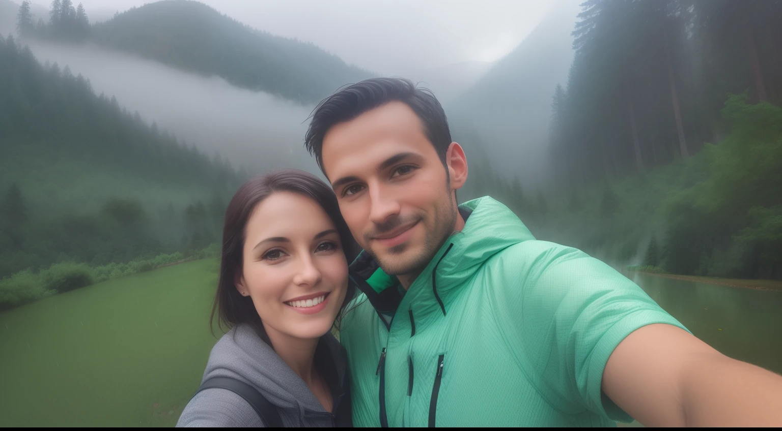 they are taking a selfie together in the rain in the park, in front of a forest background, trees in the background, fog in the background, with mountains in the background, by Nándor Katona, in front of an amazing forest, vacation photo, momma and papa, forest in the background, with mountains in background, with mountains as background
