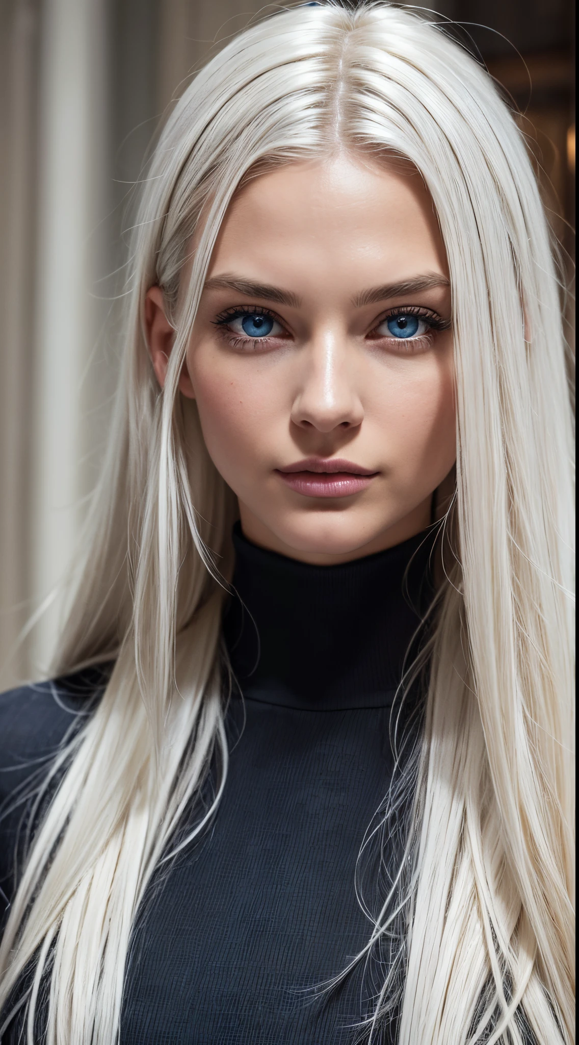 White hair, White hair, glowing hair, Detailed hair, Blue Eyes, beautidful eyes, extremely detailed eyes and face, Beautiful detailed eyes, Ultra-detailed, light on the face, Fair skin, a 18 year old girl, bianca, long hair down to waist, Wear the Burberry Winter Collection,Inspired by birds, Milan Fashion Week, BAPV, New York Stock Exchange(NYFW), Vogue Style, s whole body, happy, Creative archetype, looking at camera