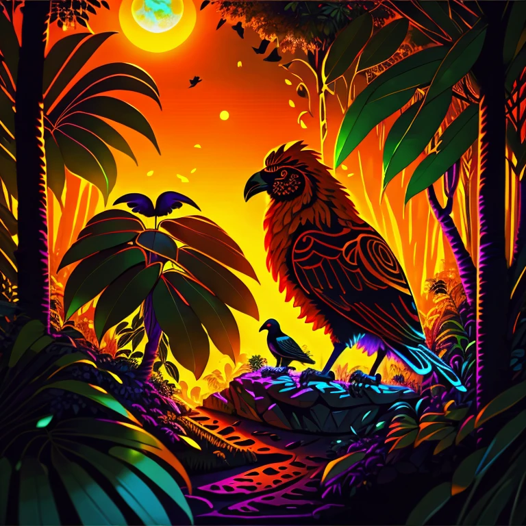 A lion and a crow in the jungle, cores preto/amber/orange, arte fluorescente/solar. surreal, arte vinil, intrincado/intrincada, SDLX/studio, vetor/neon light/degrade, alta qualidade, highes definition, alto detalhe, alta resolução, 16k