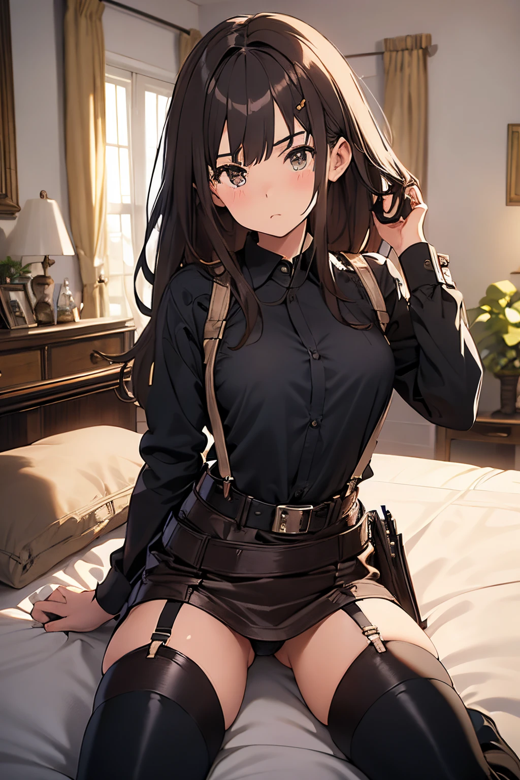 Brown hair、watching at viewers black suspenders Bulging big breasts walls: Black miniskirt garters Gaze Small face bangss holster Belt Armament Beautuful Women srestrained hands up Lying in bed Leg holster lying on the bed Gaze black boots panty shot