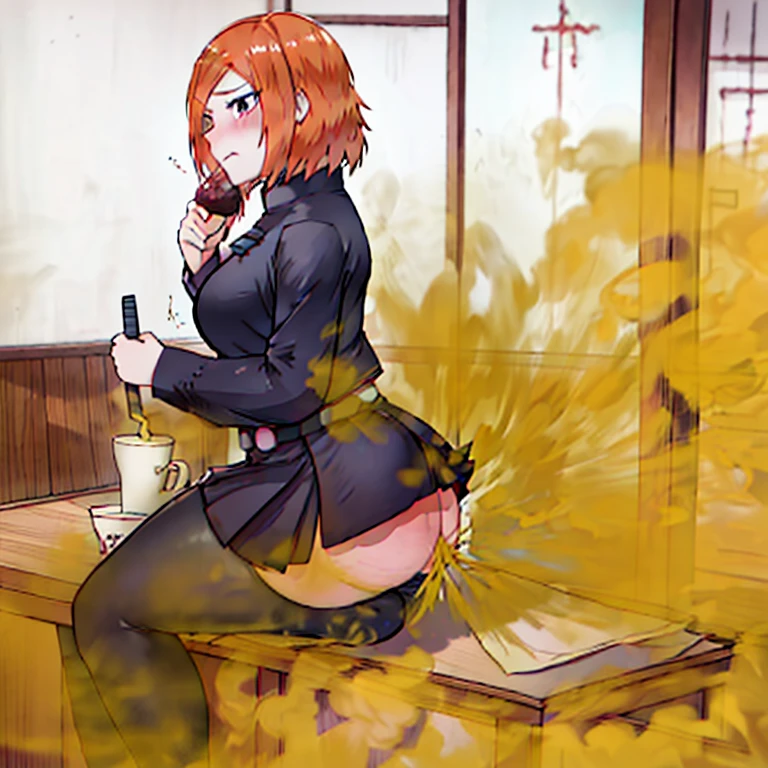 ((kugisaki nobara)),((velocity)),Yellow smoke,Attacked by farts, (((Women sitting)),velocity,(Yellow smoke is rising),i'i'i'i'i'i'dining table)),((One Woman)),((A girl smells a fart and frowned)),((fart while eating)),((blushing)),(masterpiece:1.2、top-quality)、(the Extremely Detailed CG Unity 8K Wallpapers、ultra-detailliert、Best Shadows)、(细致背景)、(The best lighting、extremely delicate and beautiful)、depth of fields、1girl in、独奏、looking arround her,Women wear jujutsu school uniform,Ephemeral,,(brownhair),(jujutsu outfit)),((((Girl is embarassed when she smells the bad smell of farts)))),outfit like a jujutsu witch,((((profile facing diagonally)))),((i'I closed my mouth with hand feel embarassed...)),(()),((embarassing look)),((massive fart)),((fart text))