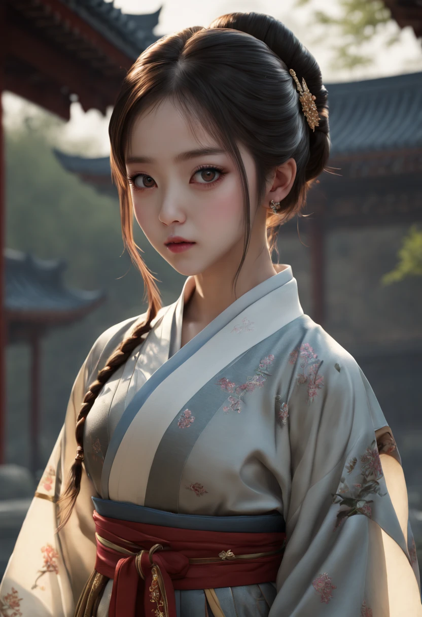 ulzzang-6500-v1.1, (raw photo: 1.2), (photorealistic: 1.4)) best quality, beautiful, beautiful, beautiful, extremely detailed, CG, unity,8k amazing wallpaper, beautiful detail, masterpiece, best quality, official art, very detailed CG unity 8k wallpaper, ridiculous, unbelievably ridiculous, huge file size, super detailed, high resolution, very detailed, beautiful detailed girl, very detailed eyes and face, beautiful detailed eyes, movie lighting, 1 girl, perspective, looking at the audience, full body, full body photo, outdoors, hands behind your back, (Hanfu)