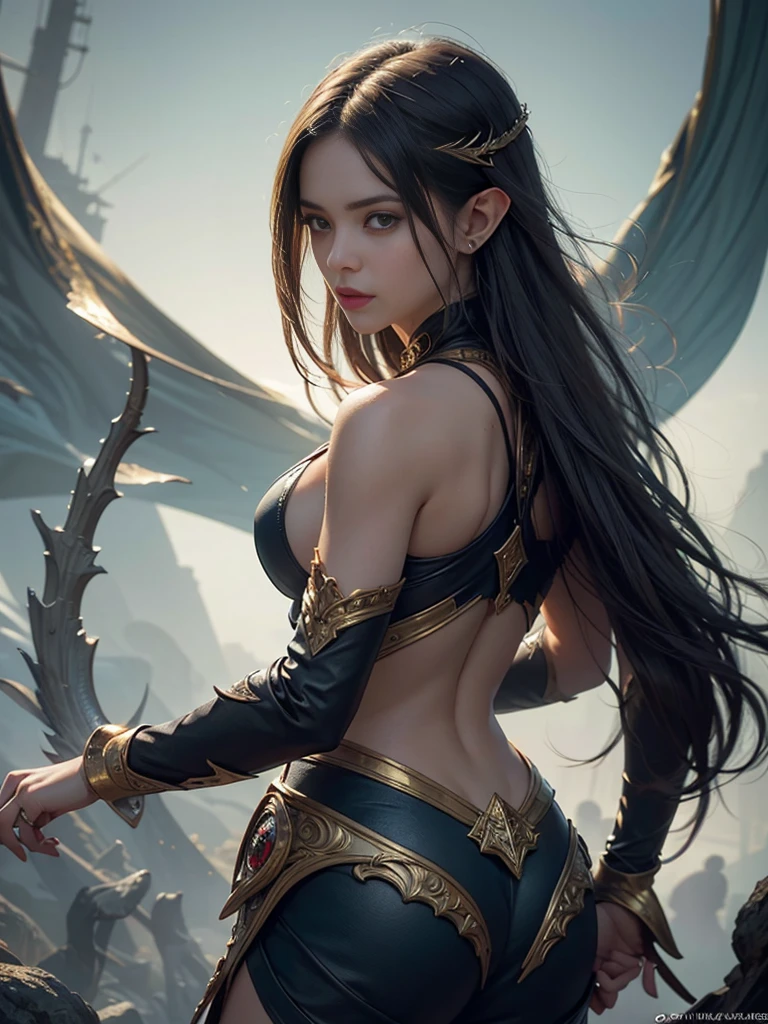 Beautiful painting of  perfect female elf warrior, shapeless long hair, perfect features, (wearing extremely baroque elven armor), abstract beauty, near perfection, pure form, dynamic pose, ethereal background, (deep dark shadows), (strong cinematic lighting), (back lighting), concept art by Greg Rutkowski and John William Waterhouse and Alphonse Mucha, stunning details, intricate details, 8k post-production, High resolution, super details, trending on ArtStation, sharp focus, depth of field f/1.8, studio photos, (((looking at camera))).