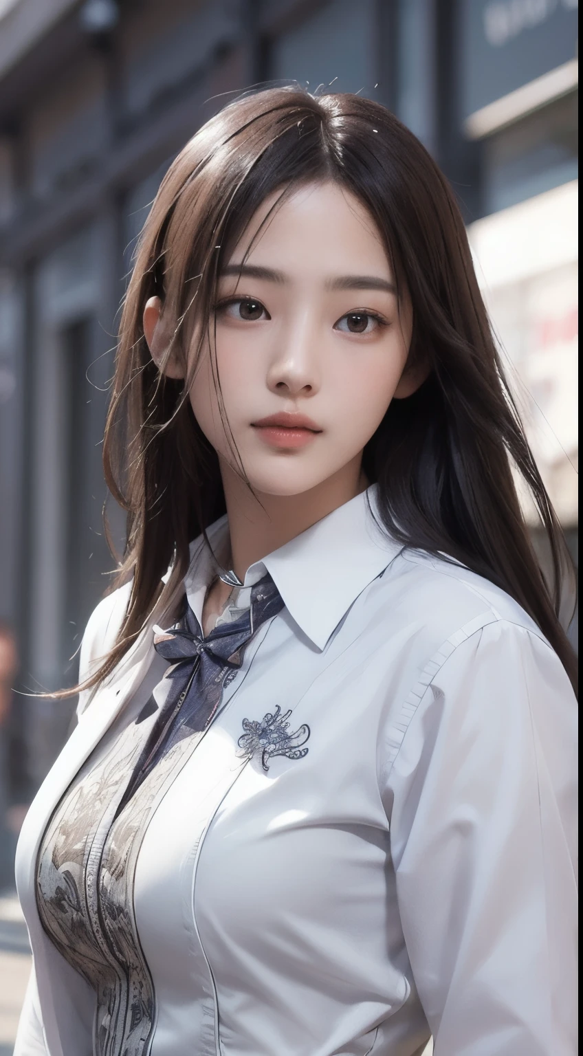 Photorealistic, masutepiece, Best Quality, Raw photo, 1girl in, Solo, Long hair, Brown hair, Detailed face, alluring face, Collared shirt, medium breasts, Dynamic Pose, Looking at Viewer, From below, Detailed background, fine detailed, intricate detailes, Ray tracing, depth of fields, lowkey, nffsw
