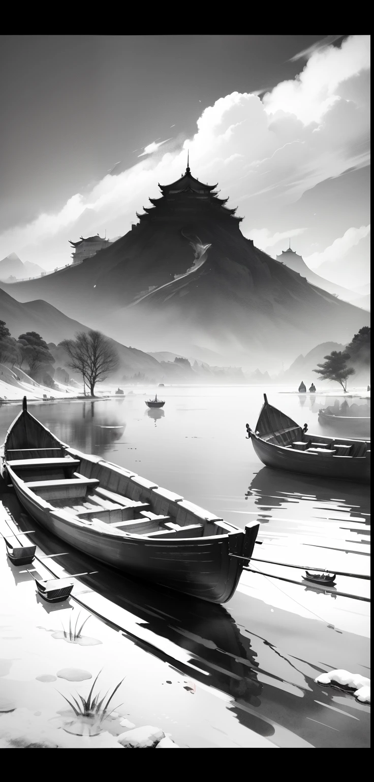 Black and white Chinese ink painting，water ink，ink，Smudge，Lonely boats，Fishing alone in the cold river snow，Ancient Chinese poetry