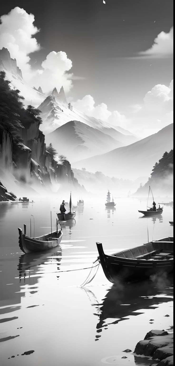 Black and white Chinese ink painting,water ink,ink,Smudge,Lonely boats,Fishing alone in the cold river snow,Ancient Chinese poetry