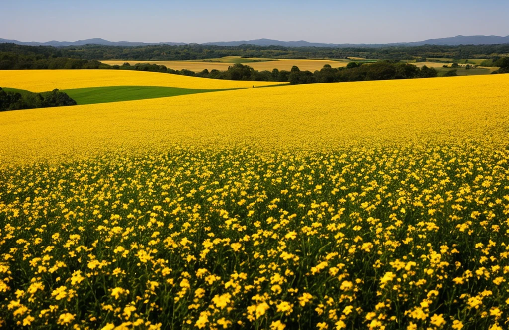 El sol, en su lento descenso hacia el horizonte, gently bathes the vast golden field spread out in front of you. Una pradera ondulante se extiende tan lejos como alcanza la vista, salpicada de flores silvestres de colores vivos y altos pastos mecidos por la brisa