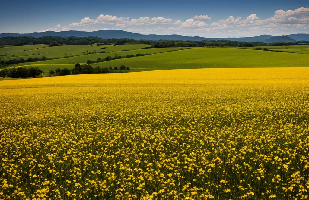 El sol, en su lento descenso hacia el horizonte, gently bathes the vast golden field spread out in front of you. Una pradera ondulante se extiende tan lejos como alcanza la vista, salpicada de flores silvestres de colores vivos y altos pastos mecidos por la brisa