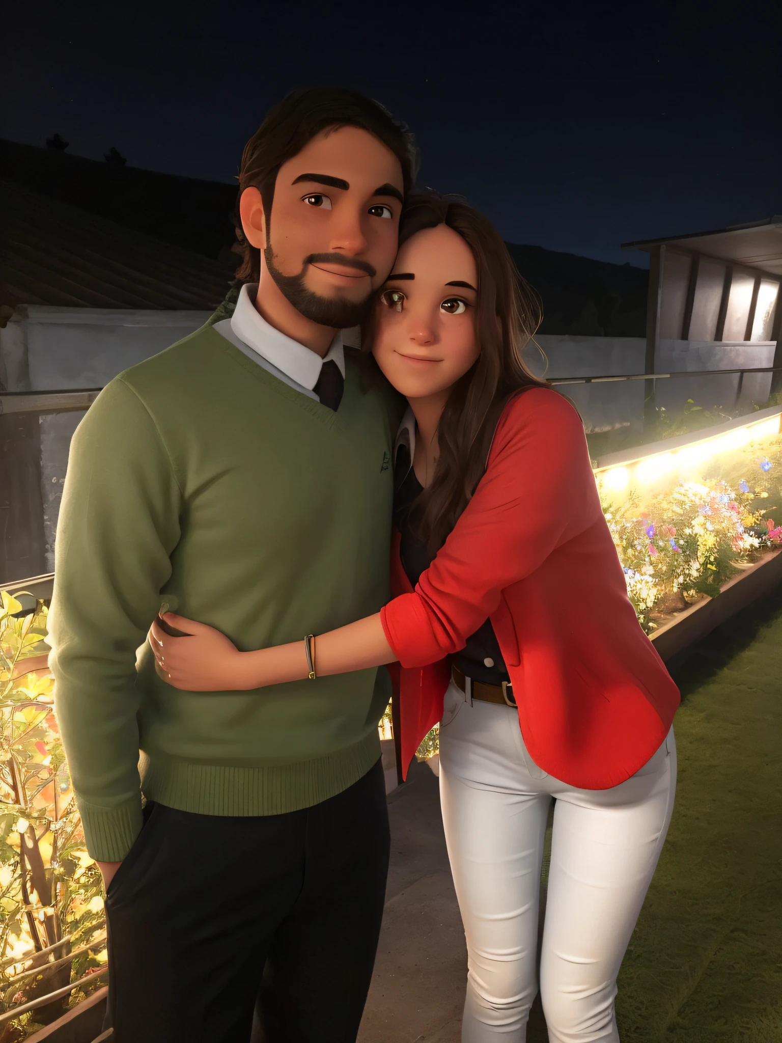 hay un joven y una joven juntos en un patio con luces, es una pareja enamorada, poster tipo Disney Pixar, he has a black beard, su cabello es negro , tiene buso color verde, camisa elegante blanca con corbata color negro, pantalon elelegante color negro, su color de piel es moreno claro, his eyes dark brown. She has light brown hair, ojos color miel claros, tiene una camisa roja junto con un camiseta negra, brown belt, tiene pantalon azul y una manilla roja en la mano.