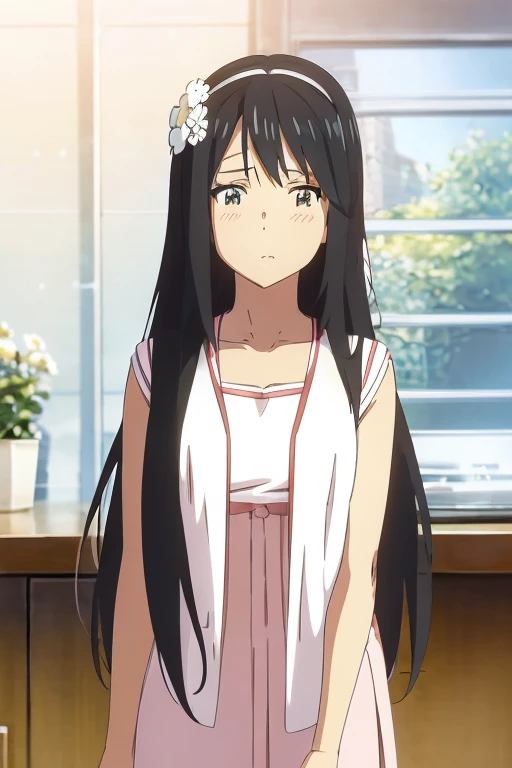 anime girl with long black hair wearing a white shirt and a flower crown, beautiful anime portrait, stunning anime face portrait, beautiful anime girl, kawaii realistic portrait, detailed portrait of anime girl, portrait anime girl, realistic anime 3 d style, realistic young anime girl, realistic anime artstyle, young anime girl, anime realism style, realistic anime art style