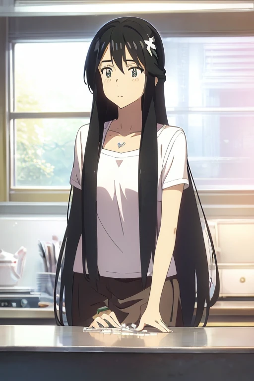 anime girl with long black hair wearing a white shirt and a flower crown, beautiful anime portrait, stunning anime face portrait, beautiful anime girl, kawaii realistic portrait, detailed portrait of anime girl, portrait anime girl, realistic anime 3 d style, realistic young anime girl, realistic anime artstyle, young anime girl, anime realism style, realistic anime art style