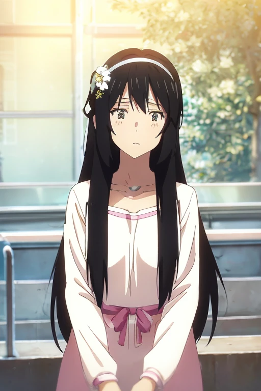 anime girl with long black hair wearing a white shirt and a flower crown, beautiful anime portrait, stunning anime face portrait, beautiful anime girl, kawaii realistic portrait, detailed portrait of anime girl, portrait anime girl, realistic anime 3 d style, realistic young anime girl, realistic anime artstyle, young anime girl, anime realism style, realistic anime art style