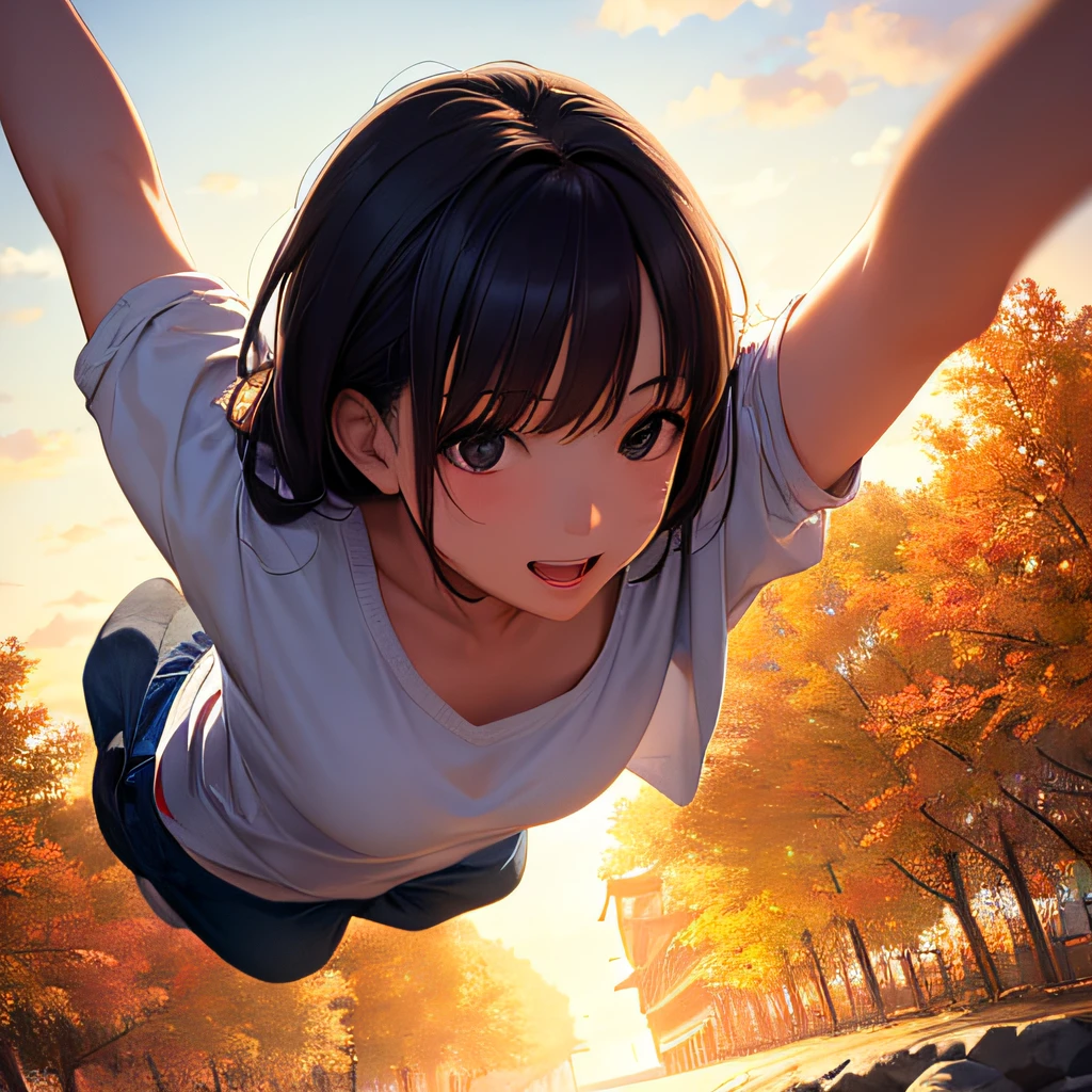 photographrealistic, (masutepiece,Best Quality:1.4),(8K,Raw photo,photographrealistic:1.2), Detailed skin,Detailed face,1girl in,Japanese Idol,Cute face, Black hair,slender, shiny eyes, Smile, BREAK cute casual clothes, Jump high, High jump, Dynamic,Wide Shot
