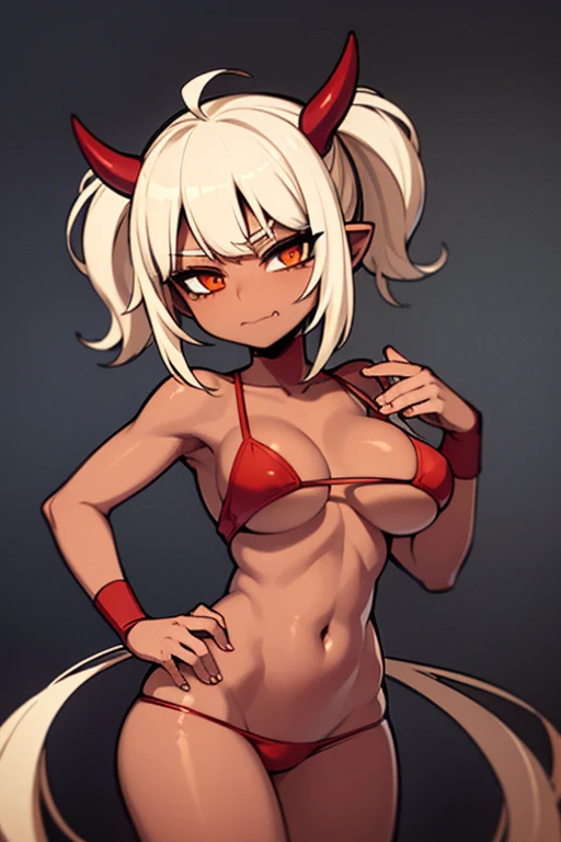 best quality, high_resolution, red-skinned demon girl, with red skin, with a lustful face has her hips on the camera, the camera can see her panties, blonde pigtails hair, brown eyes, a boob size A, sfw