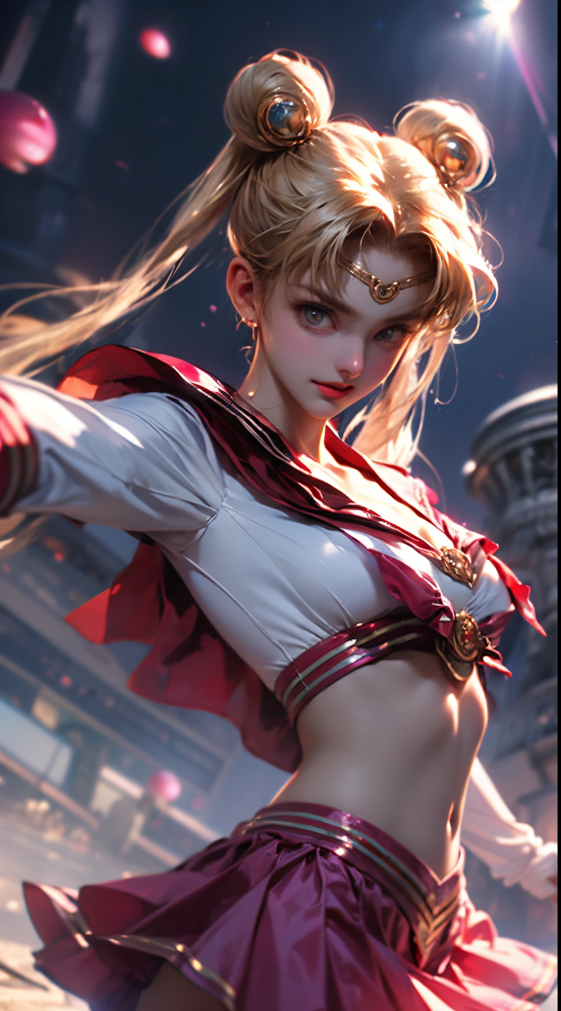 (Top image quality、 top-quality、Detailed picture、8K、Luster)、(Sailor Moon、Beautiful face、a sailor suit、Sexy costume)、(cleavage of the breast、Navel Ejection、a miniskirt)、Flipping skirt、Cameltoe、Combat stance、kick、Spinning kick、Fantastical、Mystical