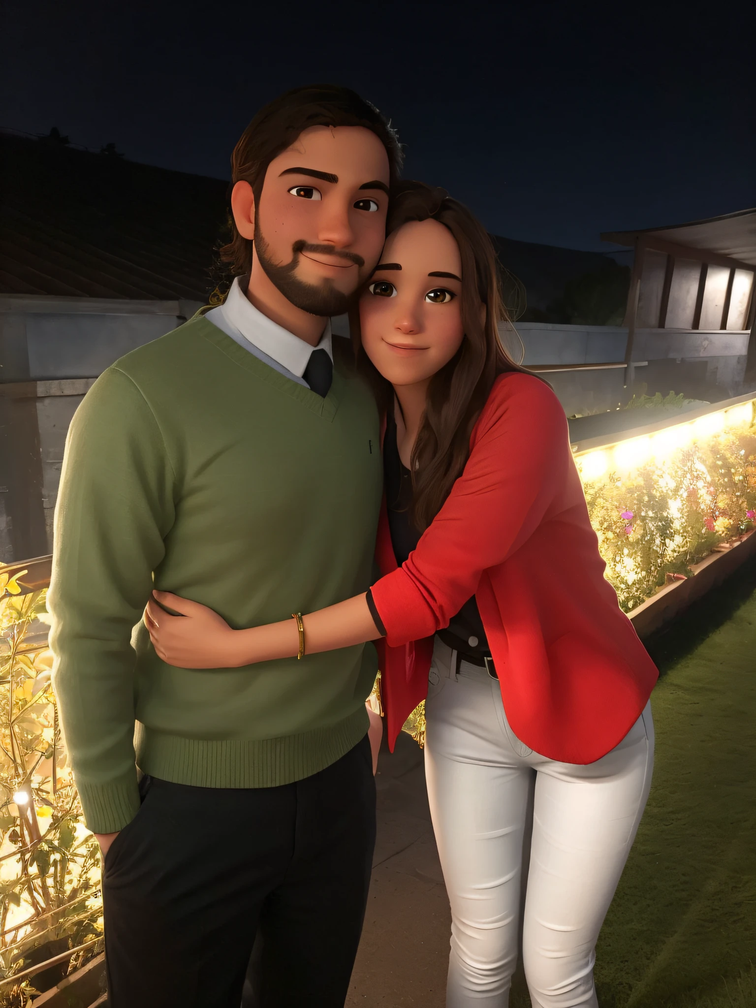 hay un joven y una joven juntos en un patio con luces, es una pareja enamorada, poster tipo Disney Pixar, he has a black beard, su cabello es negro , tiene buso color verde, camisa elegante blanca con corbata color negro, pantalon elelegante color negro, su color de piel es moreno claro, his eyes dark brown. She has light brown hair, ojos color miel claros, tiene una camisa roja junto con un camiseta negra, brown belt, tiene pantalon azul y una manilla roja en la mano.