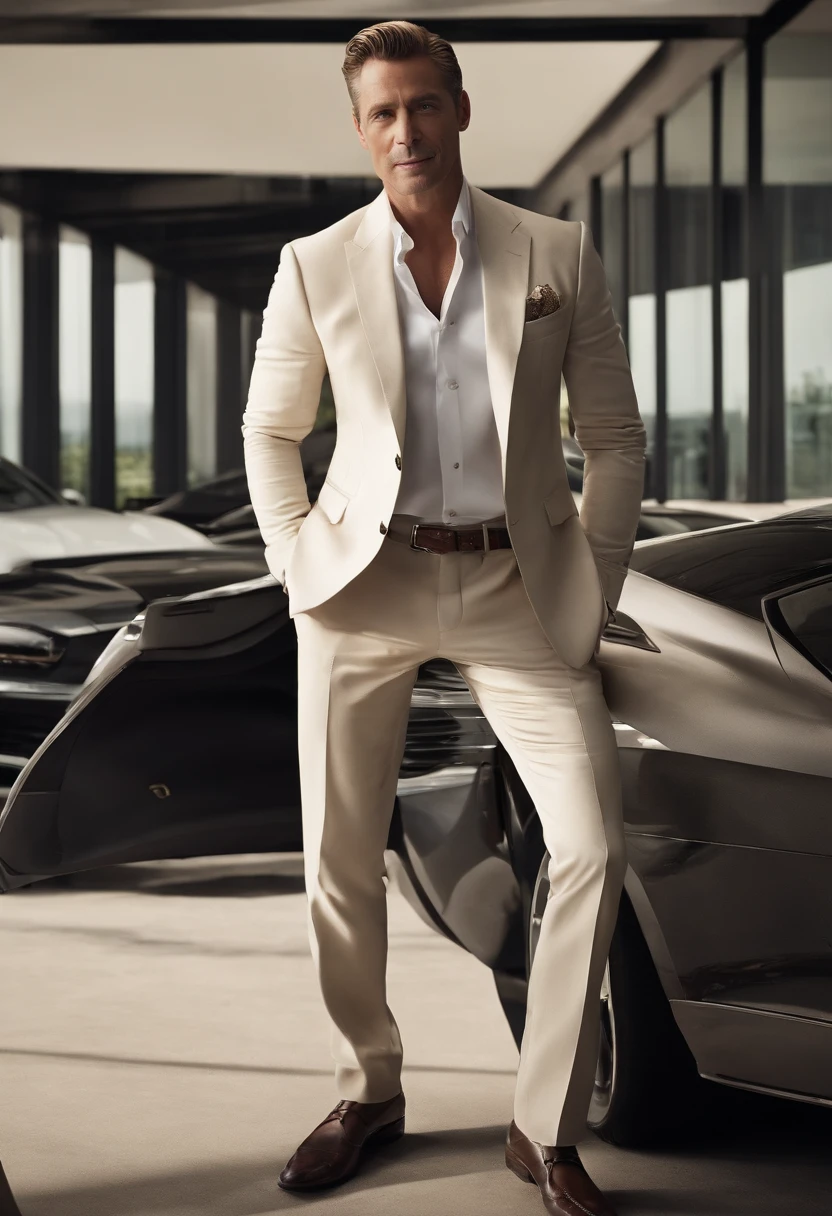 A photo of Roman at a luxury car dealership,original,Roman Roy, from the TV series “Succession,” often presents a disheveled yet stylish look, reflecting his mix of casual indifference and corporate lifestyle, typically seen in designer suits worn with a nonchalant flair. He has a boyish charm with a mischievous smile, adding to his persona as the family’s unpredictable and irreverent playboy. , male