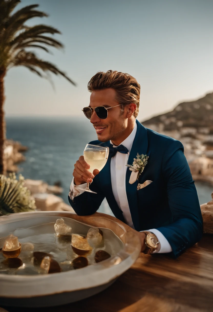 A photo of Zane lounging in a luxury outdoor hot tub, surrounded by beautiful women in swimsuits, sipping champagne and enjoying the stunning views of Ibiza's coastline.,original,a flamboyant and notorious DJ, is known for his ostentatious style, often sporting flashy designer outfits, oversized sunglasses, and a constantly changing, bold hairdo, making him a conspicuous figure in the party circuit. His appearance screams excess and indulgence, matching his larger-than-life persona that’s constantly documented and flaunted on social media., male