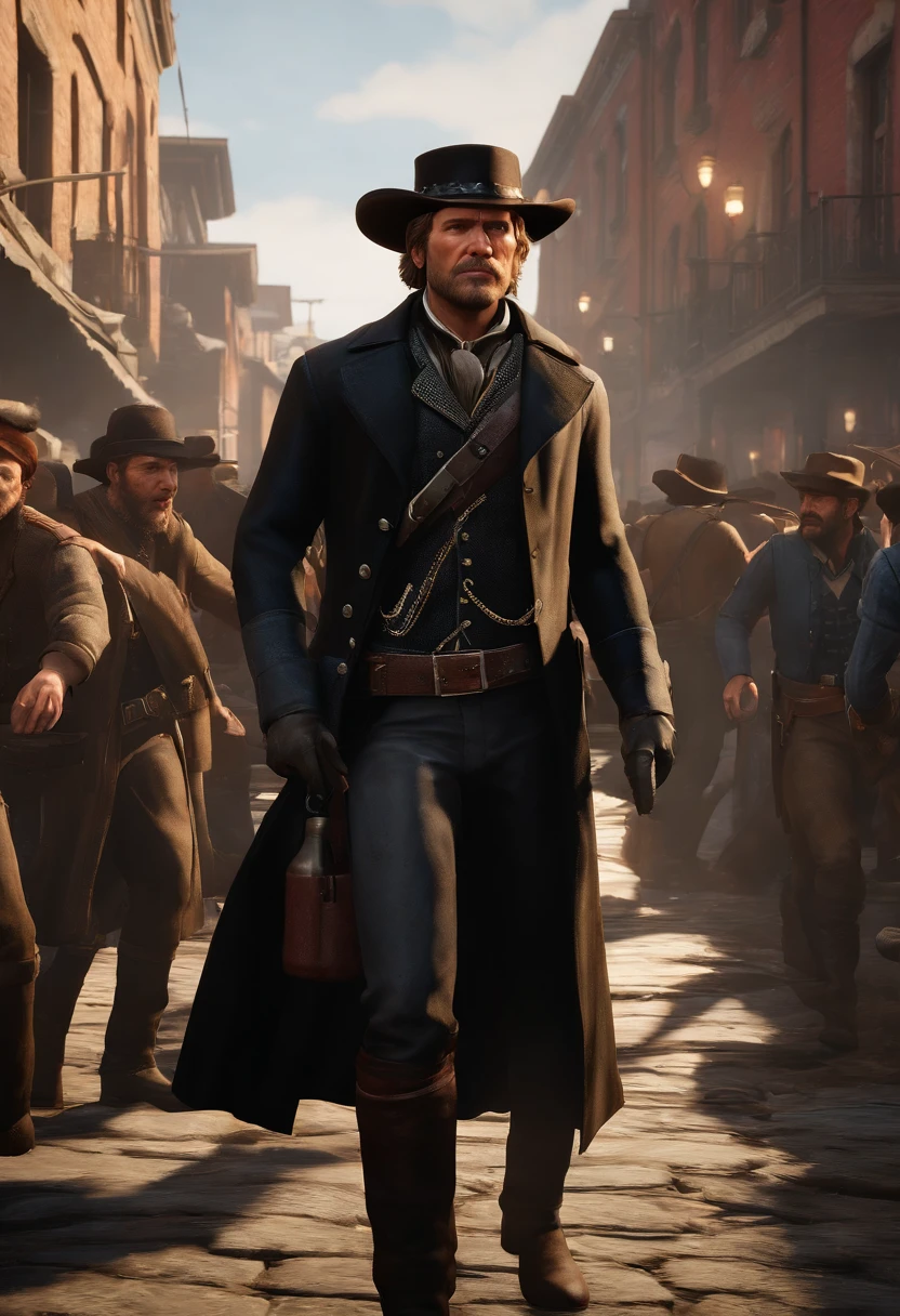 A photo of a crowded street, with people yelling and fighting. Trash cans are knocked over and there are broken bottles on the ground.,Red Dead Redemption 2,Micah has shoulder-length blond hair, along with a thick horseshoe mustache and side-whiskers. Micah is slightly portly and often wears an undone black leather coat, a red or black shirt accompanied by a red vest, a blue neckerchief, beige trousers, and a white hat., male