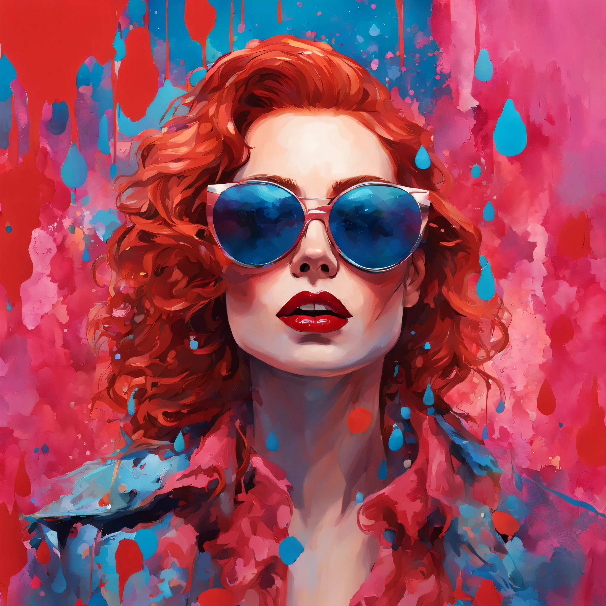 close-up of beautiful red-haired woman with red lipstick and metallic sunglasses with pink colored background, azul, 3D vermelho de gotas de tinta, com estilo expressionista, dramatic illustration, illustration style done by Greg Capullo, no meio da jornada, 8k.
