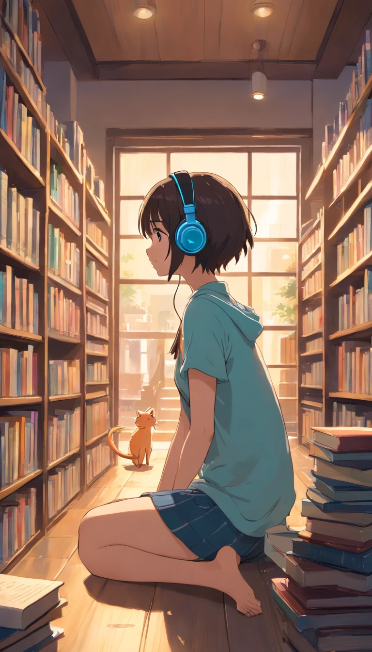 "emu, Library and Air Circulation Committee, A  wearing headphones is reading and immersed in a pile of old books. beautiful fish and beautiful fish, Tea Horse Hall Black, It lay lazily on the wooden counter next to it. the last time, Creates a golden dust beam，dancing around the two. completely relaxed love, Xiao Hei occasionally raised his head to observe the visitors in the bookstore curiously.. Her complicit appearance and magical surroundings evoke the deep connection between the girl and her cat, as they explore together the secrets and adventures contained in the book."