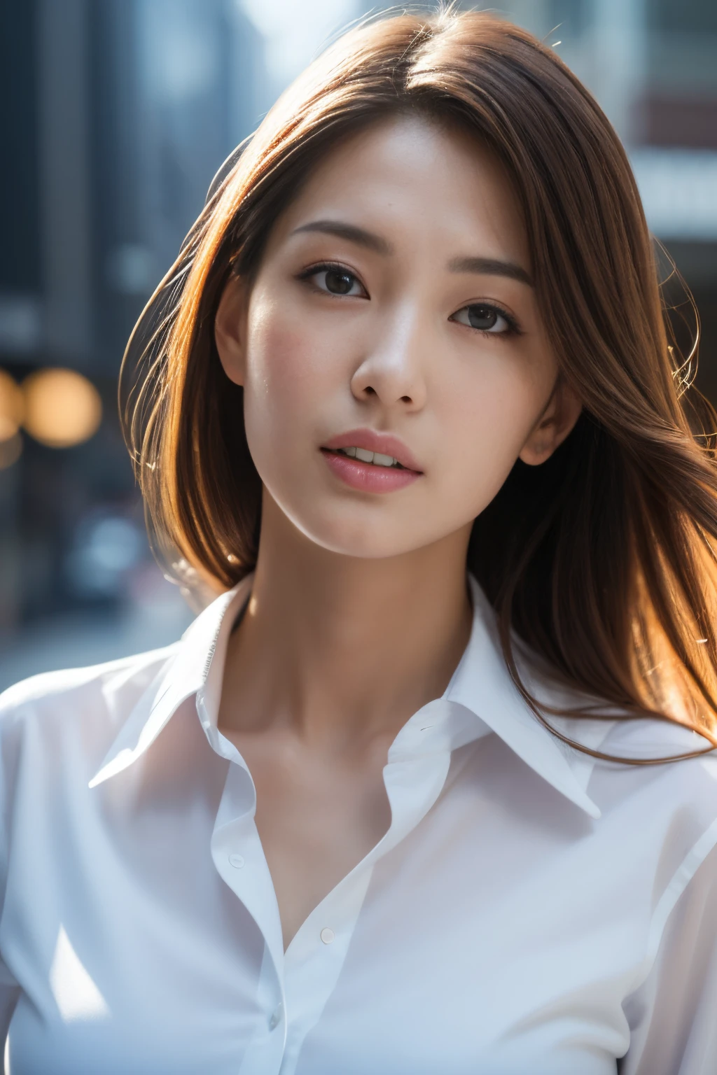 Best Quality, 8k wallpaper, masutepiece, Perfect figure, Beautuful Women, frontage, Look at viewers, Slim abs, dark brown  hair, Colossal tits, White collared shirt, Not exposed, Natural light, the city street, Highly detailed facial and skin texture, A detailed eye