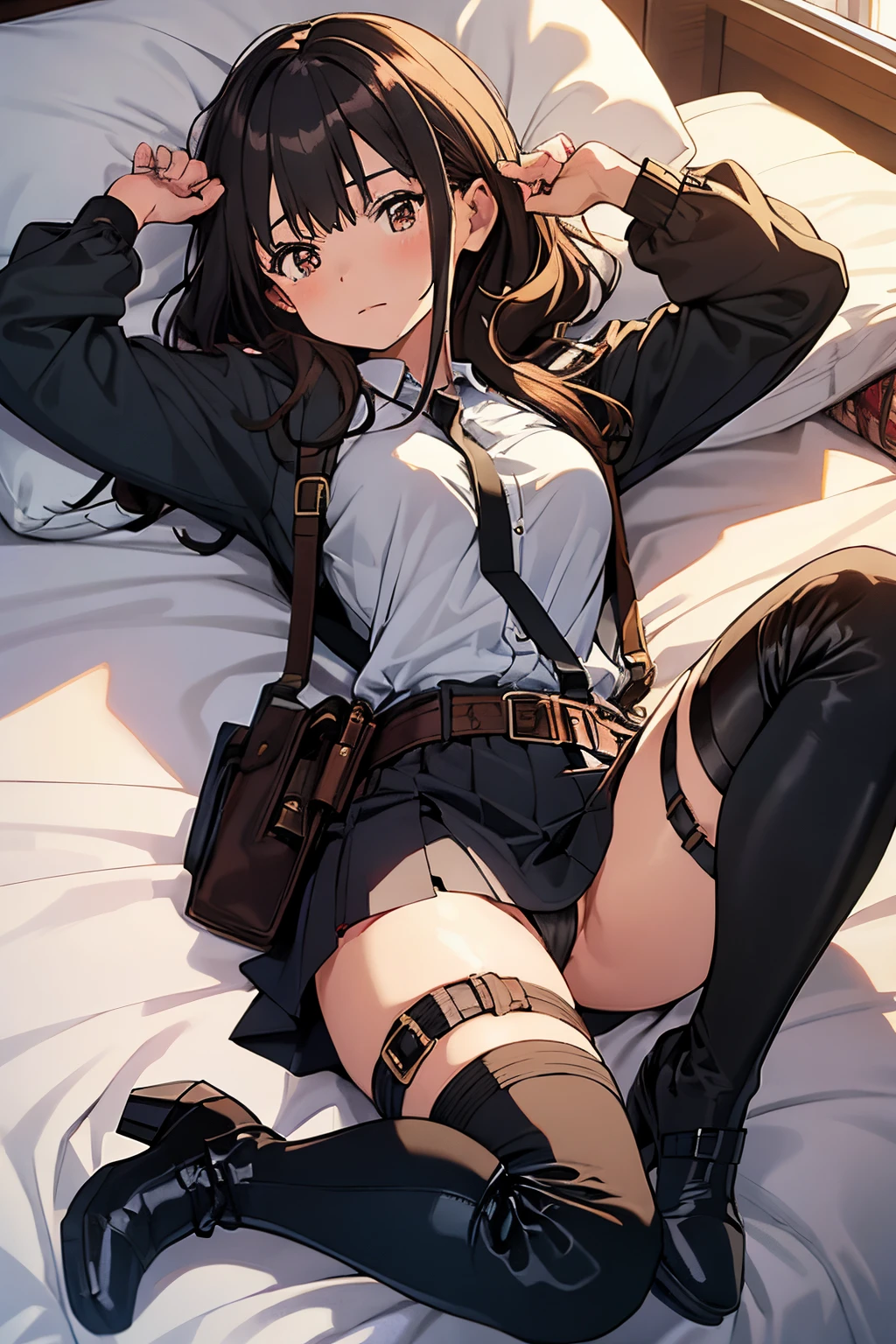 Brown hair、watching at viewers　　　black suspenders　　　Bulging big breasts　　 　 　　　walls: 　Black miniskirt　garters　　　　　　Gaze　　　Small face　bangss 　　　holster　　Belt Armament　Beautuful Women　srestrained　hands up　Lying in bed　Leg holster lying on the bed　　Gaze 　black boots panty shot