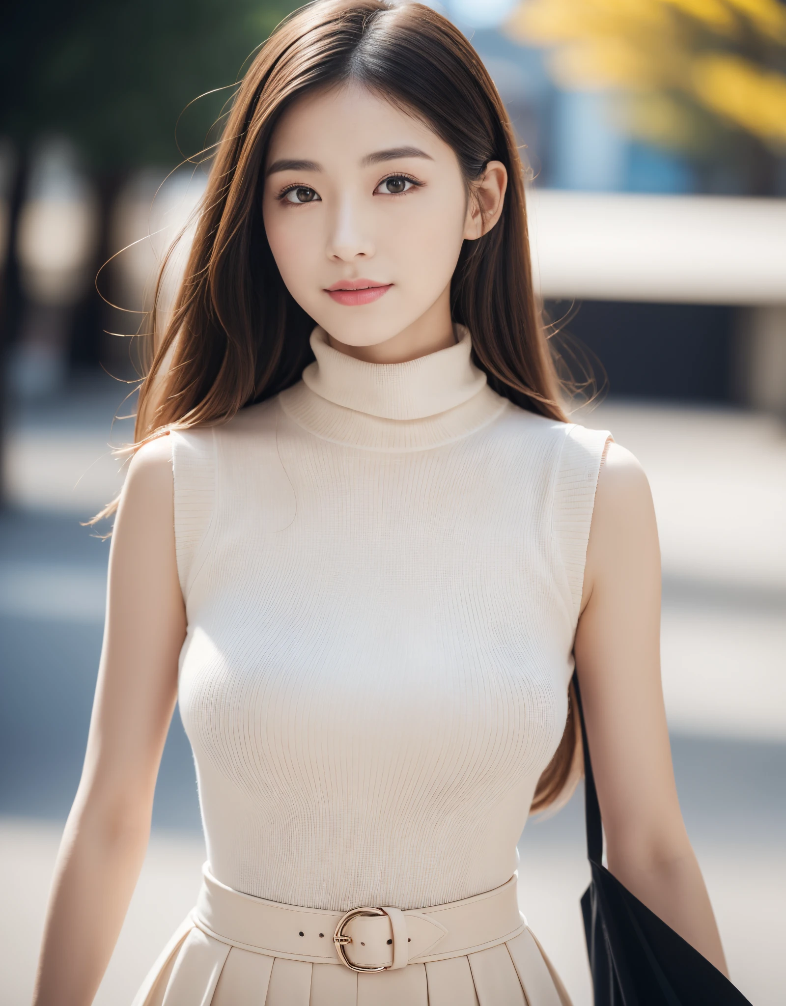 Best quality at best, white skinned, Real human skin, (详细的脸), Face focus, Ultra-clear images, Goose egg face, pores, 超高分辨率, (8K, RAW photogr, realisticlying:1.4), 1个Giant Breast Girl, Slim, (Bigchest:1.37), (Looking directly at the audience with goddess-like tranquility and happiness:1.2), (Improve gloss, eyeslashes, gloss face, Best quality at best, Ultra-high sharpness, Extensive lighting, naturalshadow), Teachers are stylish, orange sleeveless turtleneck:1.3, black box knee length skirt, view over city, fashionable street market, Place your arms behind your back:1.3, burial background, bokeh, depth of fields, cow boy shot:1.3,