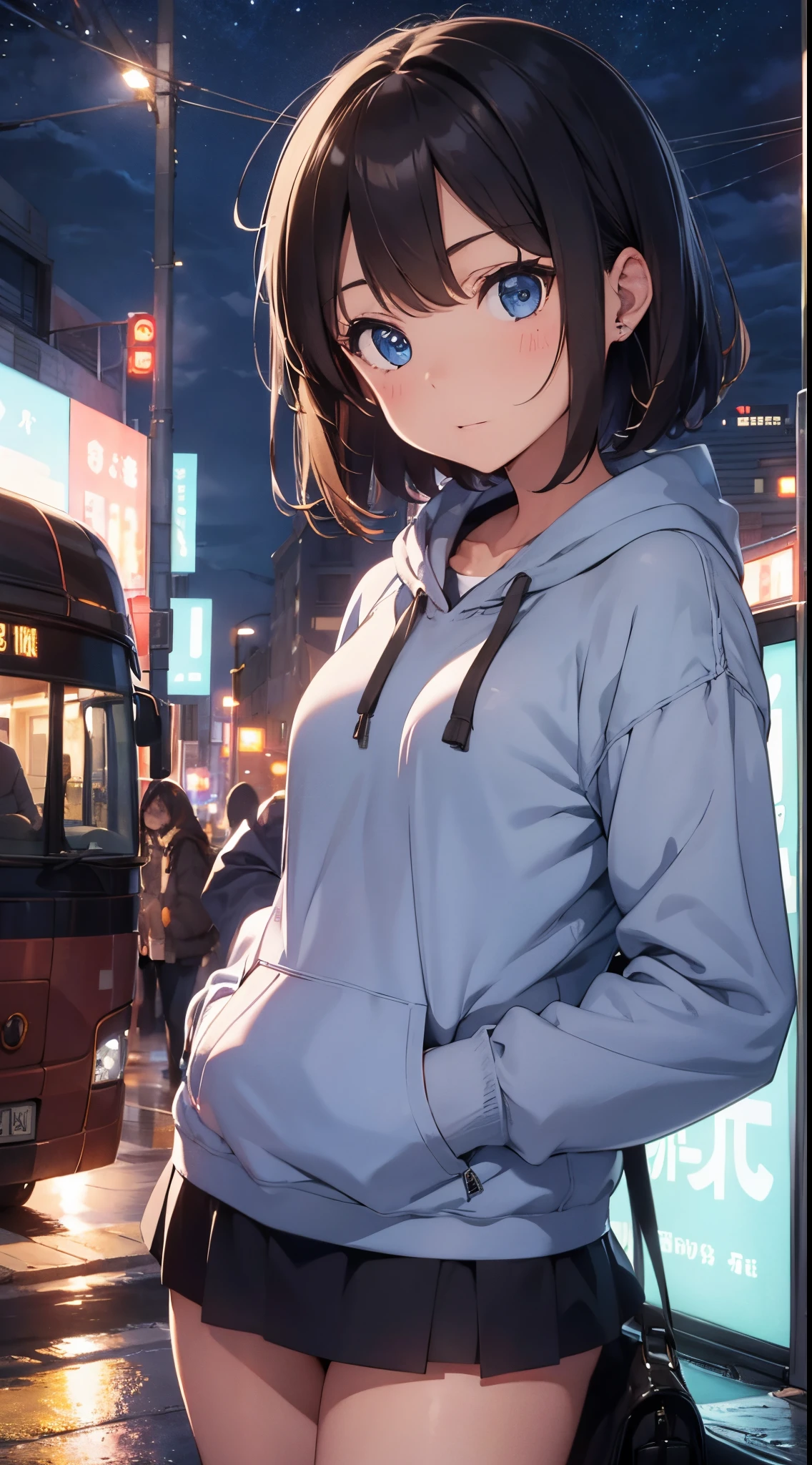 girl, short half hair, brown hair, blue eyes, hoddie, mini skirt, night city, cute girl, in the bus
