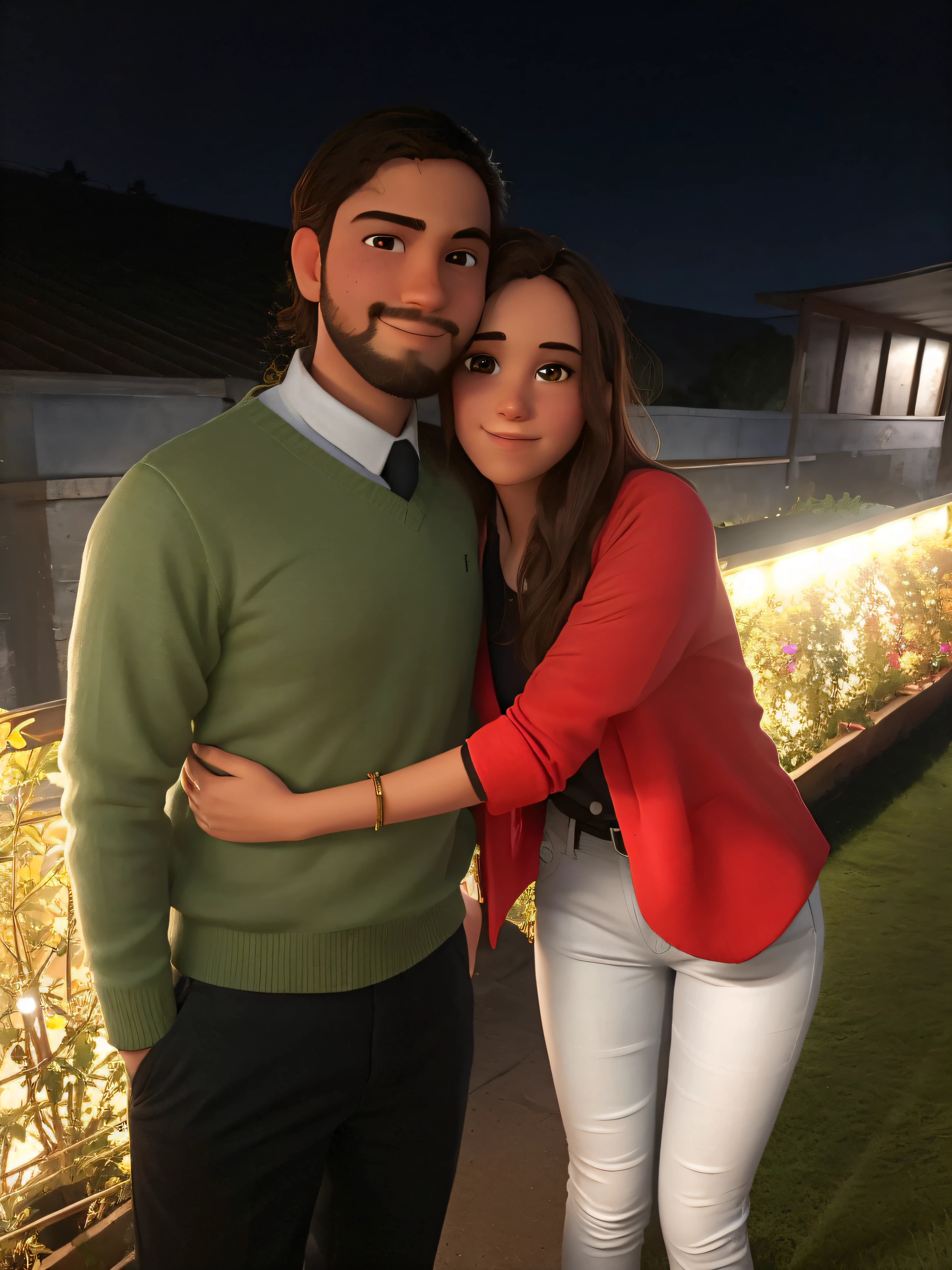 hay un joven y una joven juntos en un patio con luces, es una pareja enamorada, poster tipo Disney Pixar, he has a black beard, su cabello es negro , tiene buso color verde, camisa elegante blanca con corbata color negro, pantalon elelegante color negro, su color de piel es moreno claro, his eyes dark brown. She has light brown hair, ojos color miel claros, tiene una camisa roja junto con un camiseta negra, brown belt, tiene pantalon azul y una manilla roja en la mano.