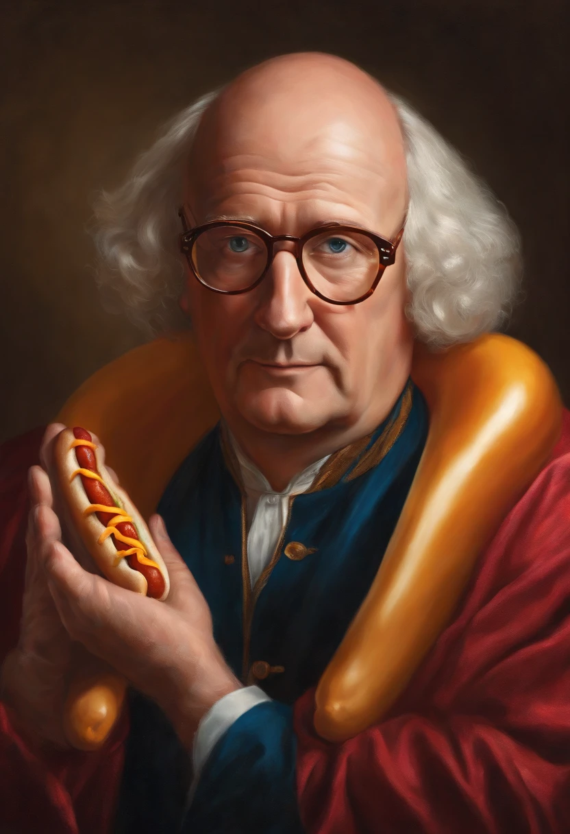 Hotdogfingers attempting to paint a portrait with his hot dog fingers,original,He’s a middle aged man who is balding but the star of the show is that his fingers are hot dogs , male