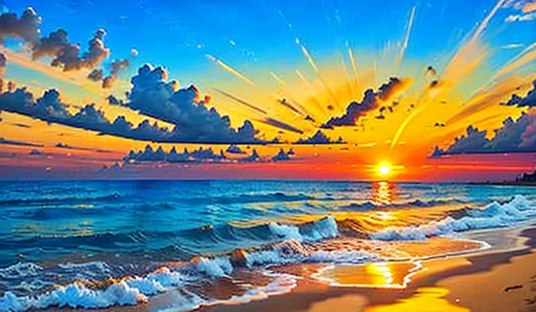 El sol del atardecer pinta el cielo con tonos dorados y naranjas, creating a heavenly spectacle that is reflected in the soft waves that caress the shore of the beach. La arena, golden and warm, spreads out in a vast, smooth expanse, occasionally adorned by shiny shells and whimsical patterns left by the sway of the sea.