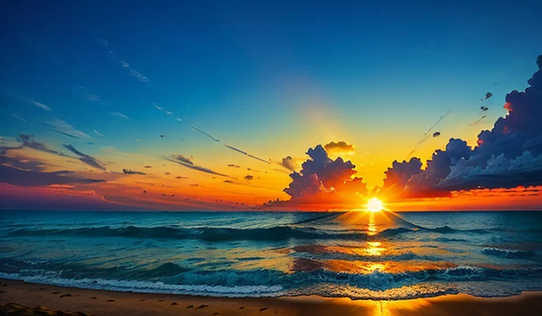 El sol del atardecer pinta el cielo con tonos dorados y naranjas, creating a heavenly spectacle that is reflected in the soft waves that caress the shore of the beach. La arena, golden and warm, spreads out in a vast, smooth expanse, occasionally adorned by shiny shells and whimsical patterns left by the sway of the sea.
