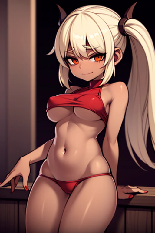 best quality, high_resolution, red-skinned demon girl, with pure red skin, with a lustful face has her hips on the camera, the camera can see her panties, blonde pigtails hair, brown eyes, a boob size A, lewd