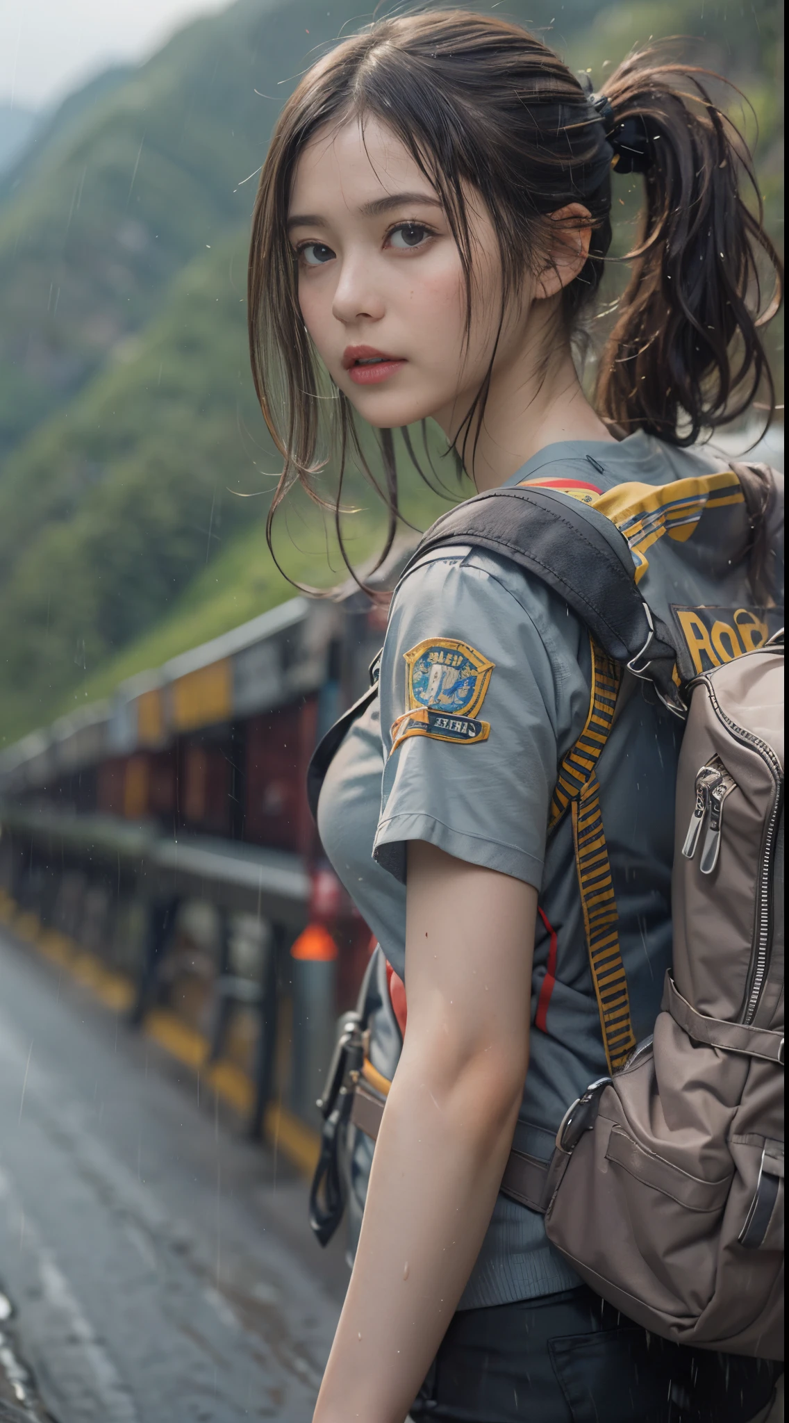 8k, top-quality, （pubic hair beauty）、hight resolution, 逼真, realperson, A beautiful muscular woman is carrying a large amount of luggage with special equipment on her back on a beautiful mountain road in the Alps where it is raining heavily.、((I&#39;m desperately rushing and running as fast as I can))、Hurry、He wears tight shorts and a T-shirt that is so short that his stomach is exposed.、huge tit、A lot of sweat in the cleavage、Death Stranding