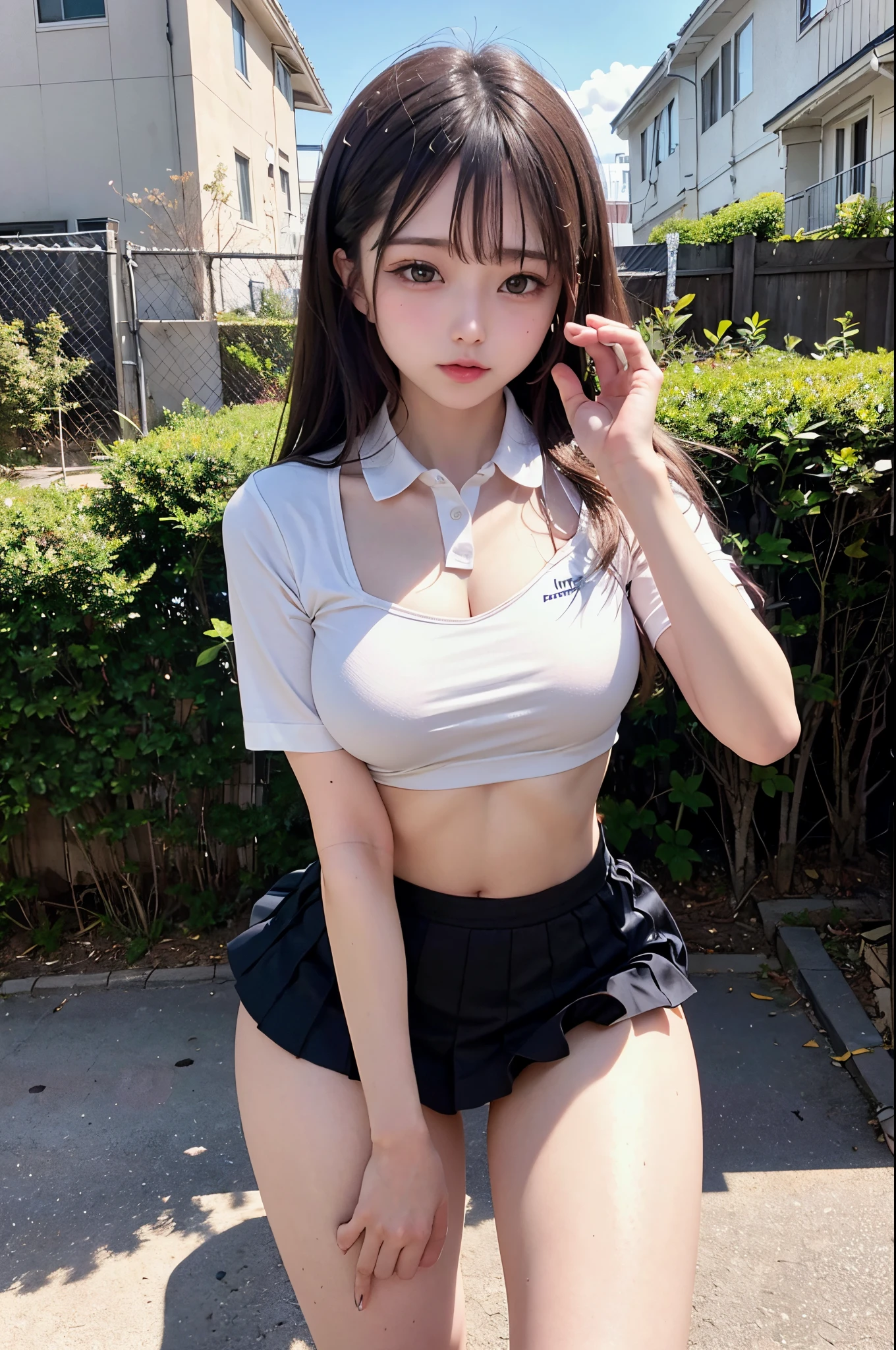 1girl in、middlebreasts, abdominals、a small face,big breasts thin waist、独奏, White polo shirt, White sneakers, Tennis Wear, white mini-skirt, masterpaintings, top-quality, Photorealsitic, ultra-detailliert, (shiny skins, perspired:1.4), looking at the spectator, With short black hair, Brown-eyed,slender,dynamic light and shadow,hight resolution,depth of view,The eyes are delicate,Sharp pupils,pupil realistic,(Attractive),(thighs thighs thighs thighs:1.3),outside of house,sexy sky, NSFW,dynamicposes、(squinted),(Thigh Focus),Open your legs,Raise your hand