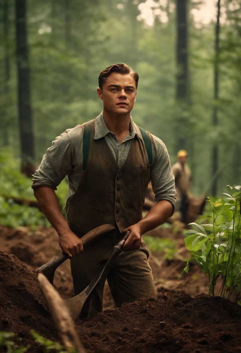 The image is of Di Caprio leading a group of volunteers in planting trees, surrounded by shovels, saplings, and a beautiful forest backdrop.,original,Very handsome young Leonardo Di Caprio, male